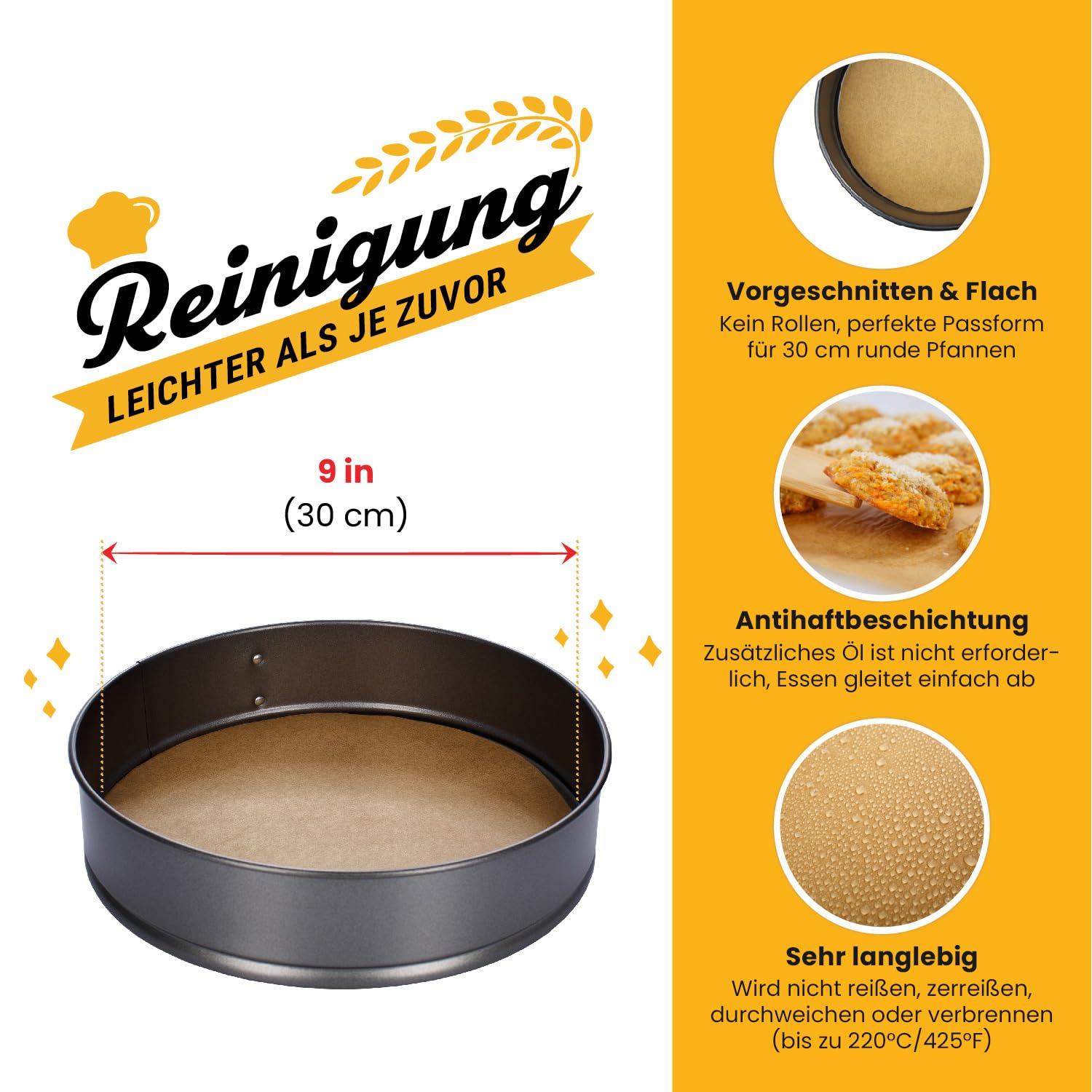 220 Stück Rund Backpapier Zuschnitte 23 cm | Butterbrotpapier Braun Pergamentpapier zum Backen, Kochen - Einfache Reinigung von Baker's Signature
