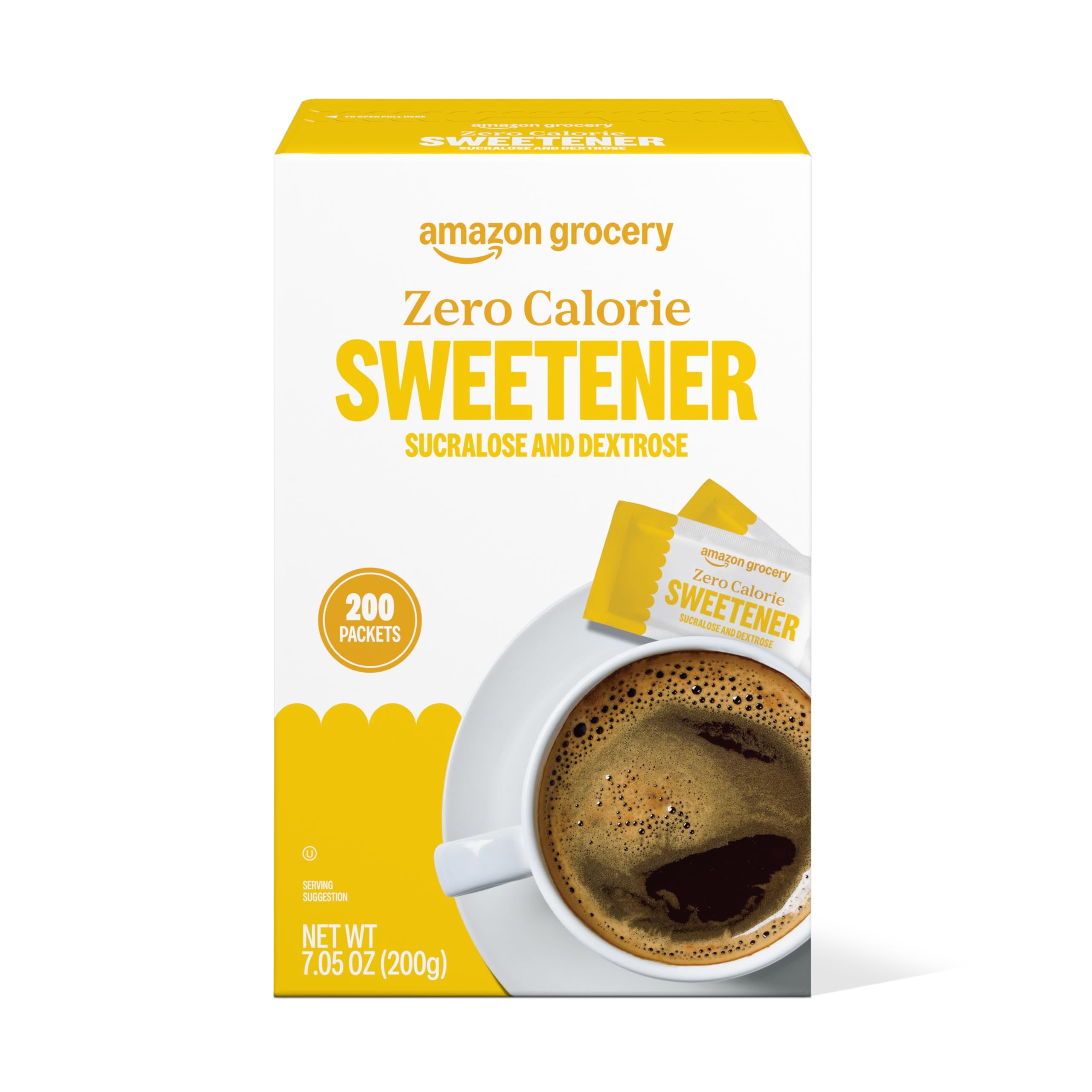 Amazon Brand - Happy Belly Zero Calorie Yellow Sucralose Sweetener Powder, 200 Packets, 7.05 ounce (Pack of 1) (Previously Sugarly Sweet)