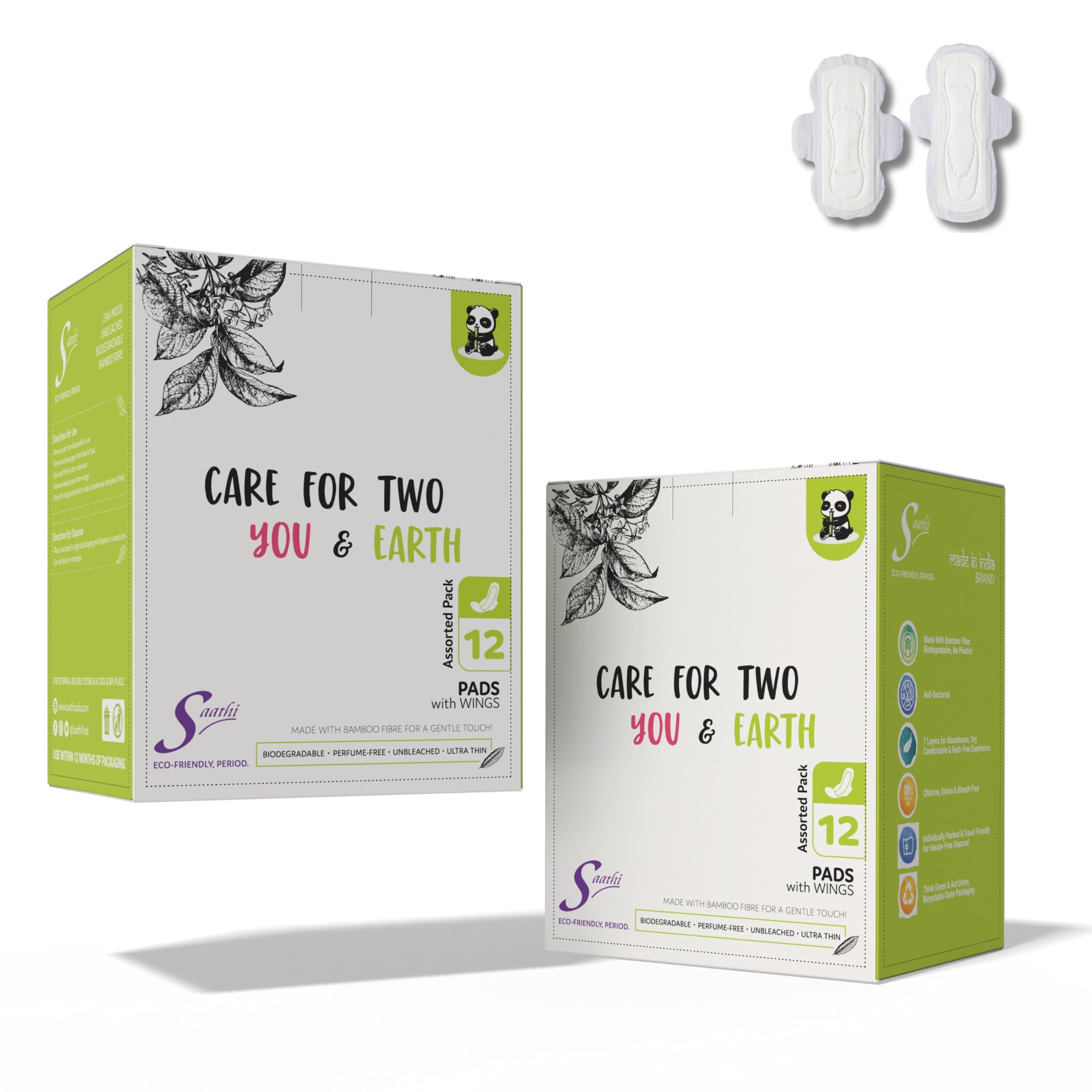 Saathi Plant-Based Bamboo Pads – No Fragrance | Hypoallergenic | Multi-Pack Sizes – Pack of 12 X 2 – 24 Pads (12 Reg + 12 XL)