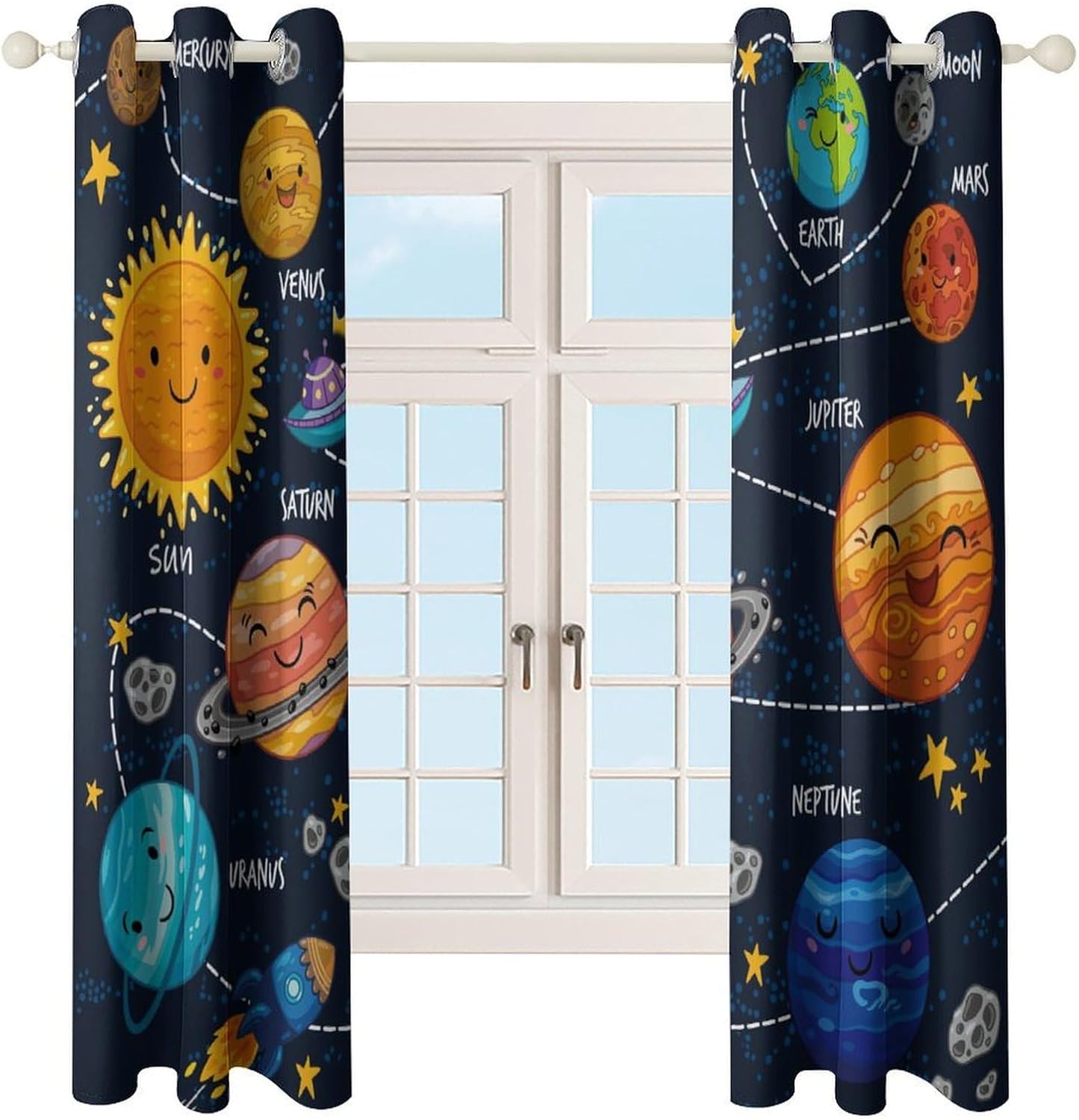 Cute Cartoon Planet Kids Curtains, Solar System Astronaut Colorful Universe Decor Pattern Window Treatments, Grommet Thermal Insulation Drapes for Boys Children's Room Nursery, 42x45inch (2 Panels)