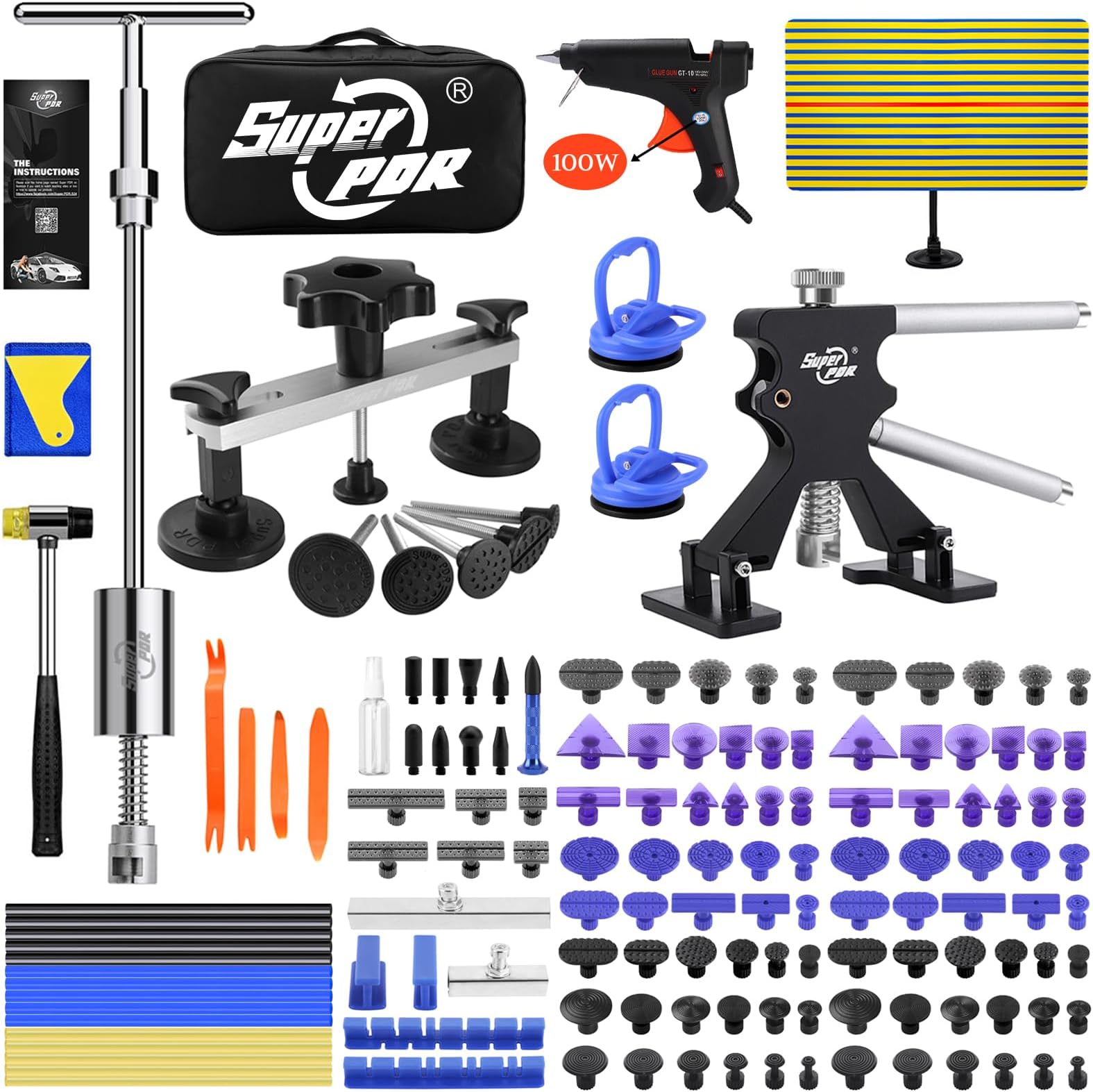 Super PDRCar Dent Puller Kit, 169PCS Paintless Dent Removal Kit, Hail Dent Repair Kit Can Removal 99% of Car Dents in 30 Minutes for Repairing Big Dents, Small Dents, Dings and Hail Damage