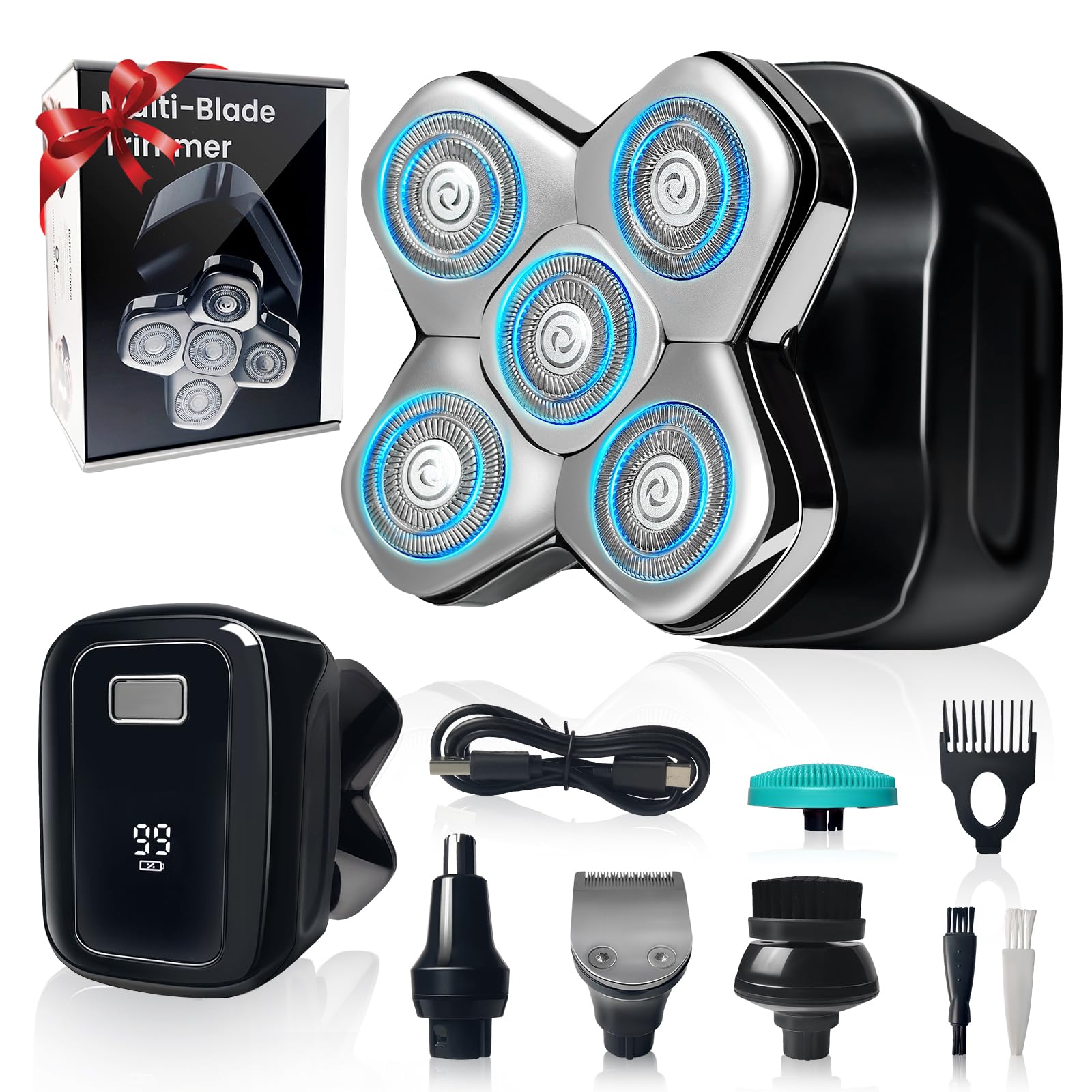 Head Shavers for Bald Men - 5-in-1 Bald Head Shaver, Ipx7 Waterproof Men's Rotary Shavers, Double-Ring Electric Razor for Men, with Led Smart Display,Wet/Dry Shaving for Head Face Beard Nose-image-0