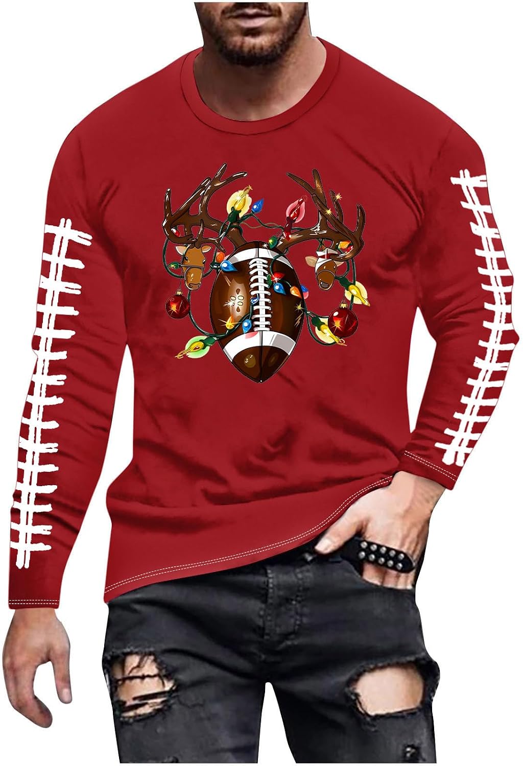 Christmas Reindeer Football Tshirts for Men Cute Xmas Graphic T-Shirt Long Sleeve Round Neck Holiday Funny Tees