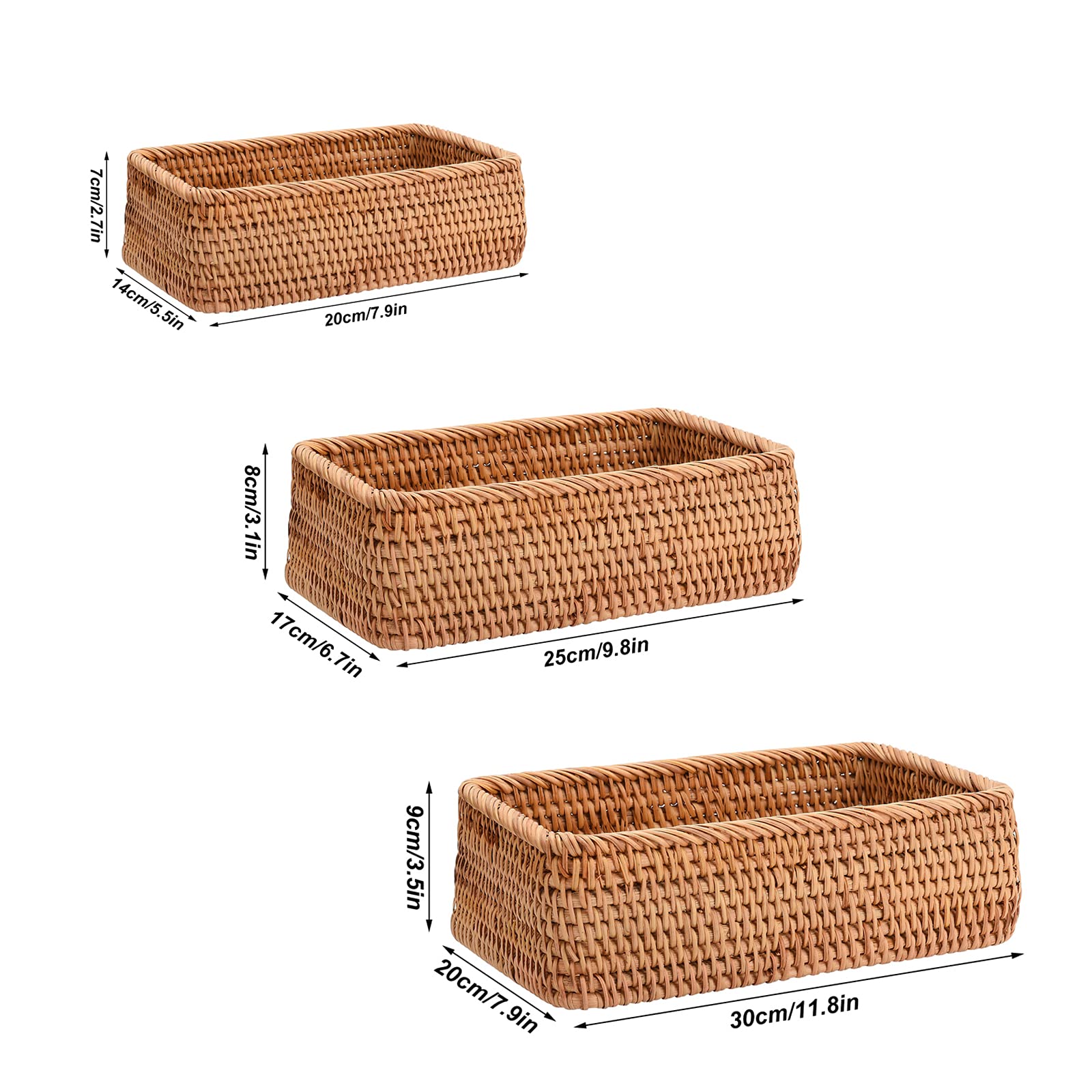 Juego de 3 cestas rectangulares de mimbre apilables de mimbre para decoración y organización del hogar en baño, sala de estar, cocina, organizador de estantes para armarios.