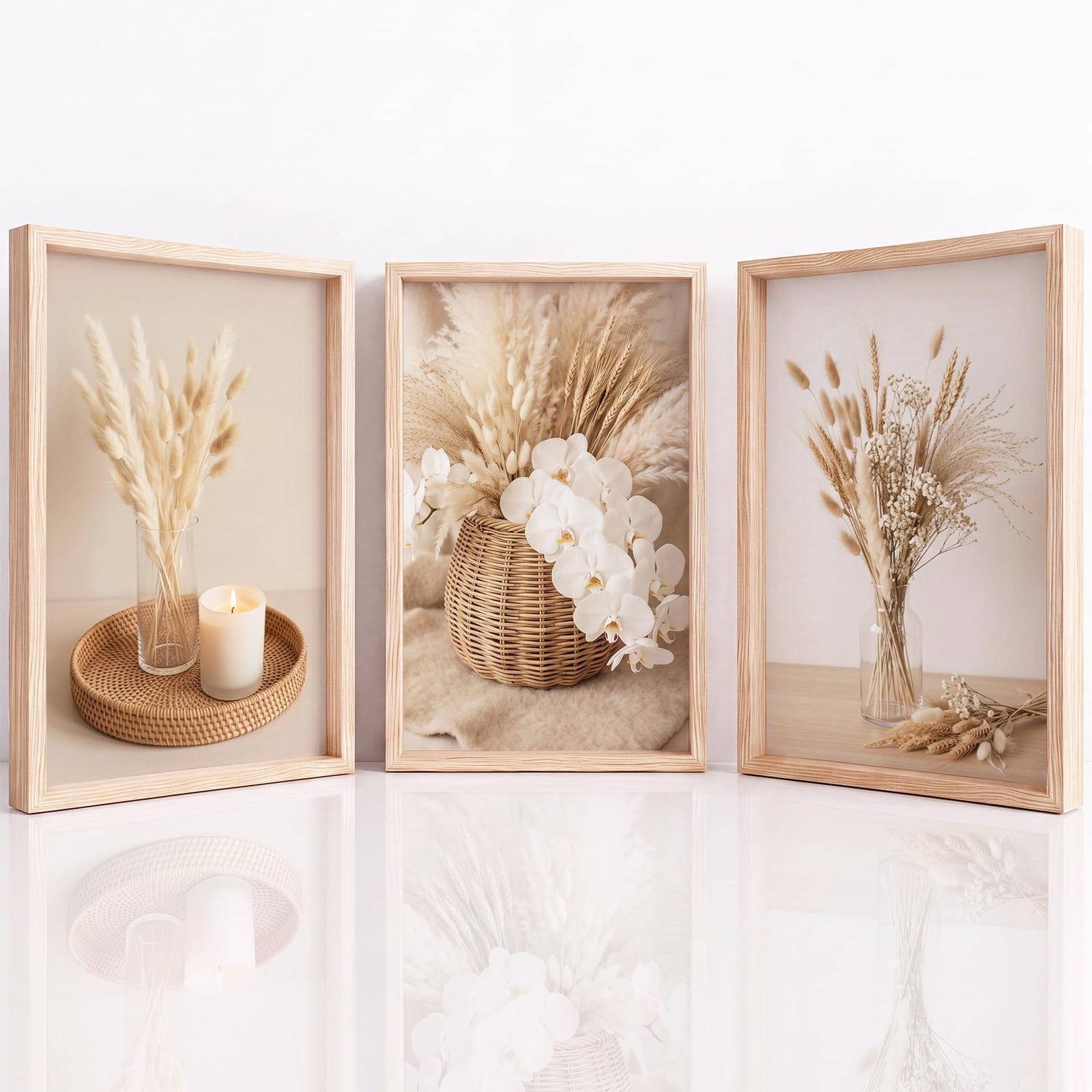 Generisch 3-teiliges Wandbild Leinwand Set 50 x 70 cm, Ohne Rahmen Triptychon Ästhetische Kunstdrucke Stillleben Fotografie für Wohnzimmer & Schlafzimmer, Trockenblume Weizenähre
