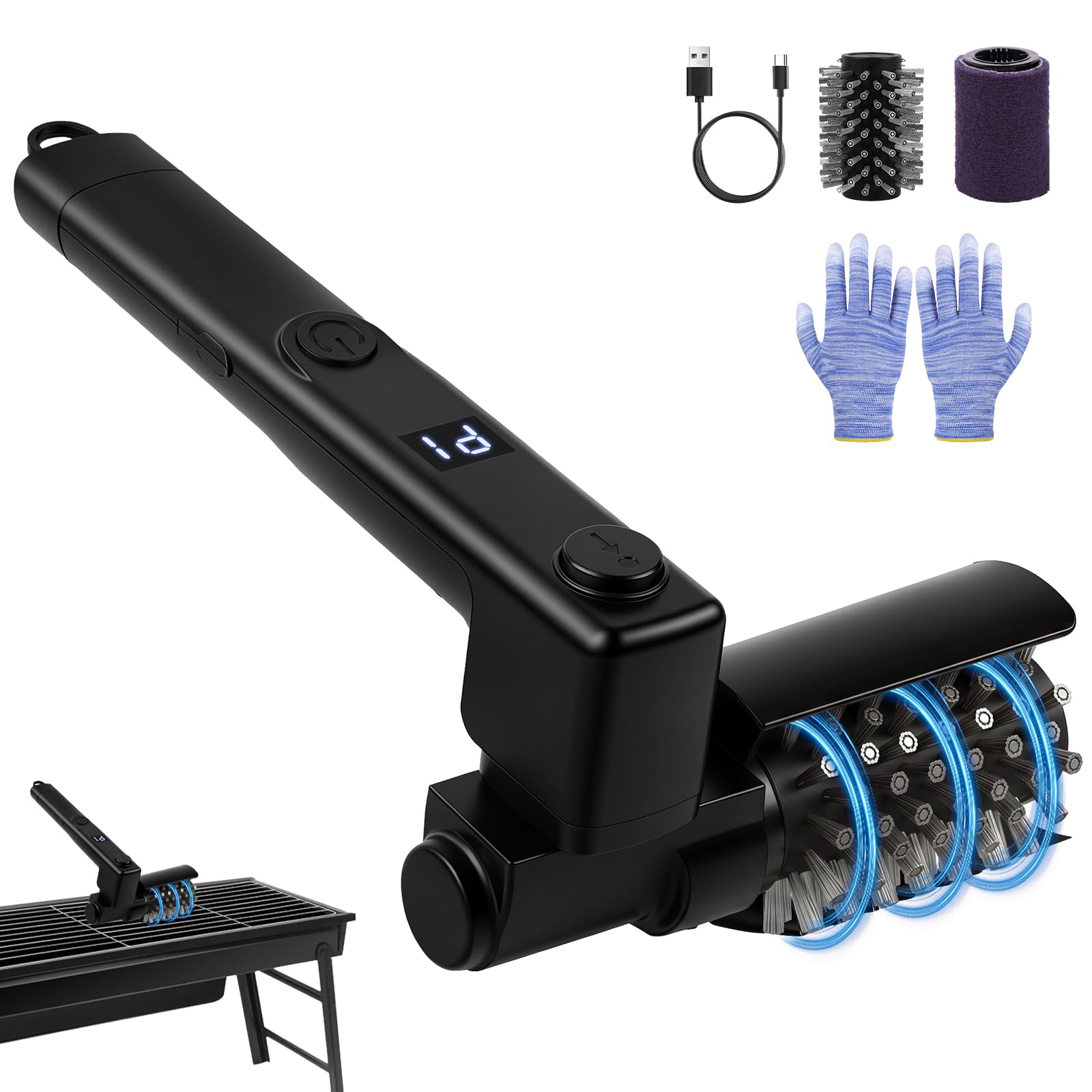 AOOWU Spazzola Elettrica per Barbecue, 3 Velocità, 2 Ore Autonomia, 270° | Spazzola per Griglie da Esterno, Pulitore BBQ Senza Fili, Impermeabile, Teste di Spazzola in Acciaio Inox e Nylon a 270°