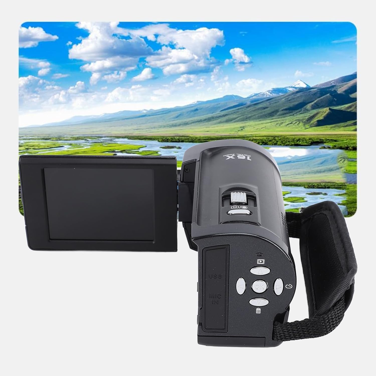 Image demonstrating the 16X digital zoom capability of the camcorder, showing a distant skier being zoomed in.