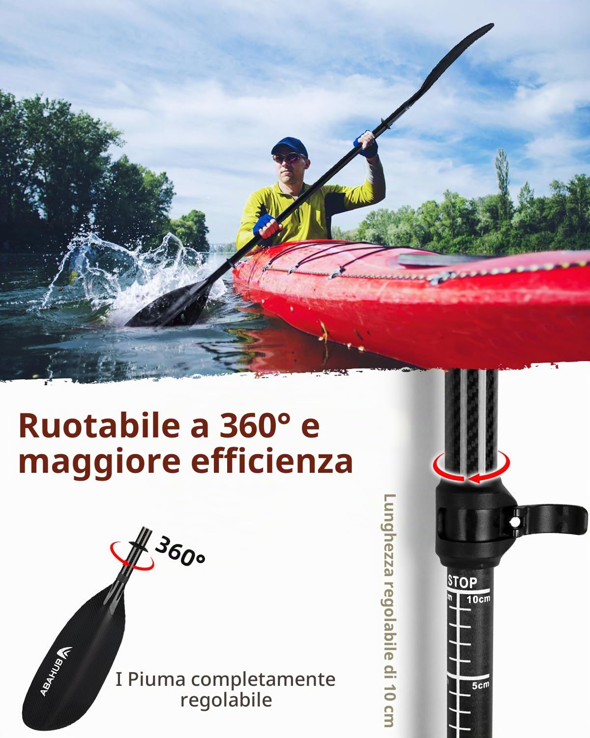 Abahub Pagaia Kayak in Carbonio Completamente Regolabile, 220–230 cm Doppia | Pagaia con guinzaglio, ideale per kayak e barche a remi. Gambo in carbonio e lama in fibra di carbonio.