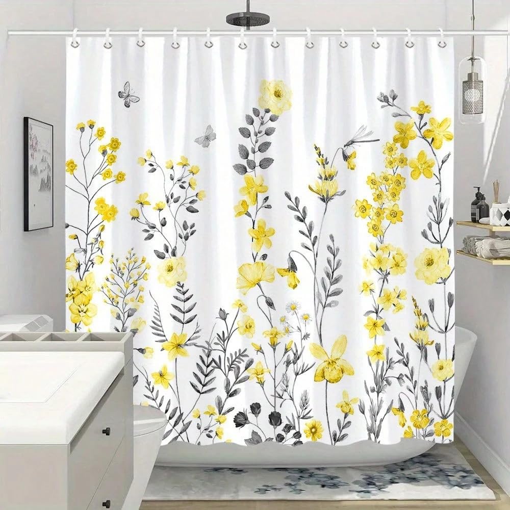 Botanischer Duschvorhang mit gelb-grauen Blumenmuster, Elegantes, natürliches Dekor mit monochromen Aquarellblumen (300 x 200 cm / 118 x 79 Zoll (B x H))