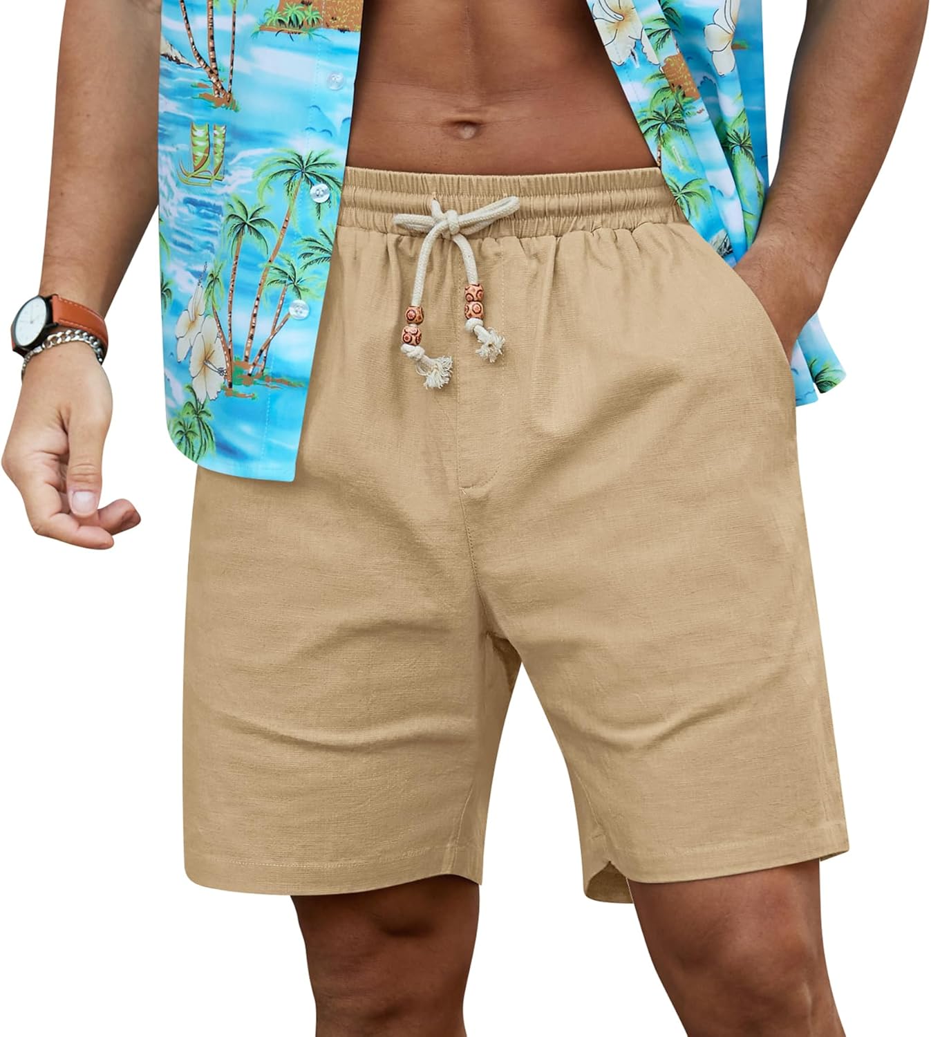 NITAGUT Mens Linen Shorts Classic Fit Short Elastic Waist Drawstring Summer Beach Shorts - Image 2