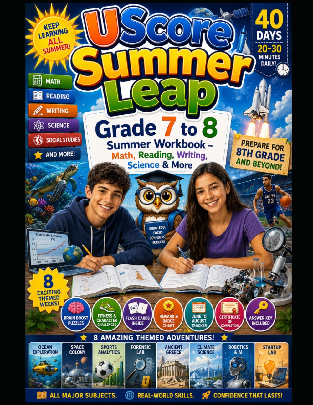 UScore Summer Leap: Grade 7 to 8 Summer Workbook — Math, Reading, Writing, Science & More
