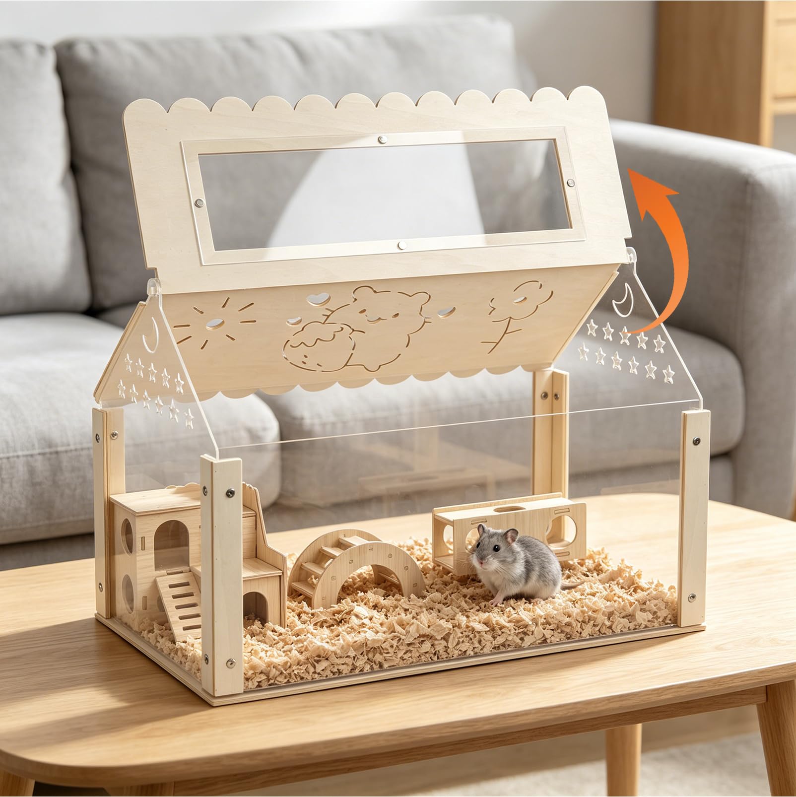 Gabbia per criceti, trasparente, per criceti, piccoli animali, 60 x 40 x 40 cm, gabbia in legno con nascondiglio in stile ville, grande impilabile per criceti siriani, roditori, topi