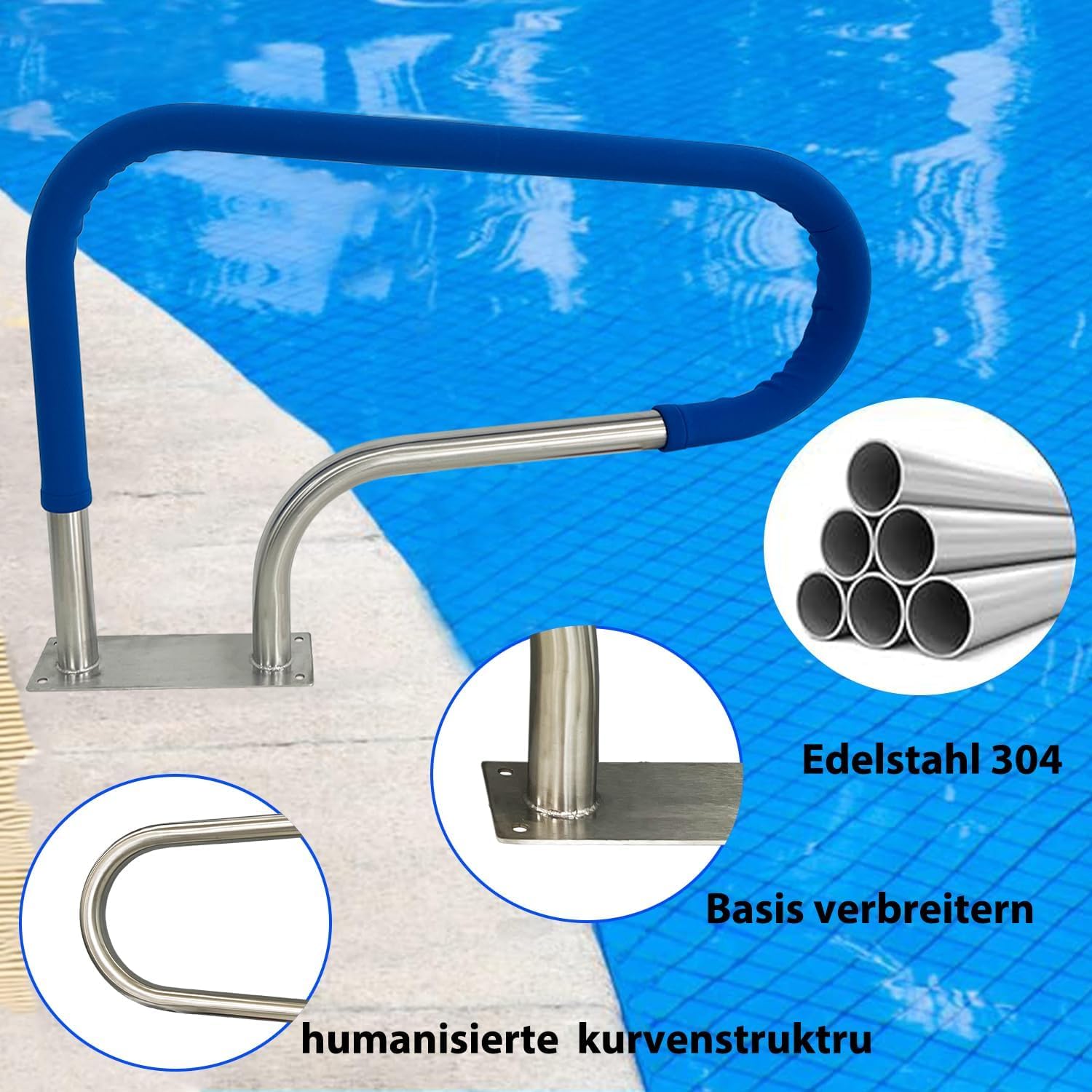 Pool Haltegriff aus Edelstahl V2A, 90x59cm Pool-Handlauf für Einbaupools, Sicherheitshandläufe für Schwimmbäder, Tragkraft 100kg, Pool-Treppengeländer aus Edelstahl 304 mit Griffabdeckung