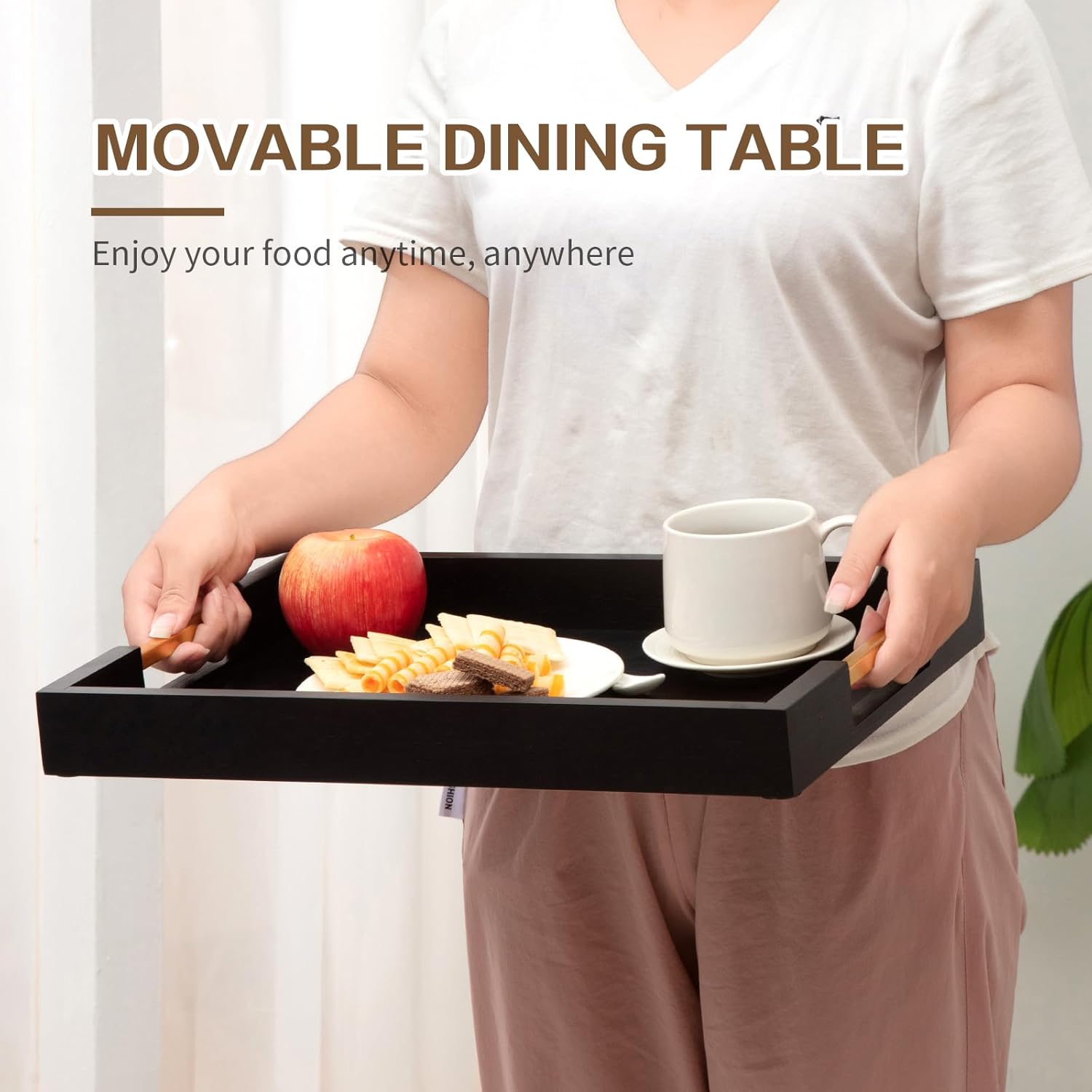 PRESTIGE Non Slip Black and Gold Serving Tray with Cup Mats and Grippers, Wood Serving Tray with Metal Handles, Food Drinks Tray for Coffee Table, Breakfast, Dinner & Bar, Rustic Decorative Storage