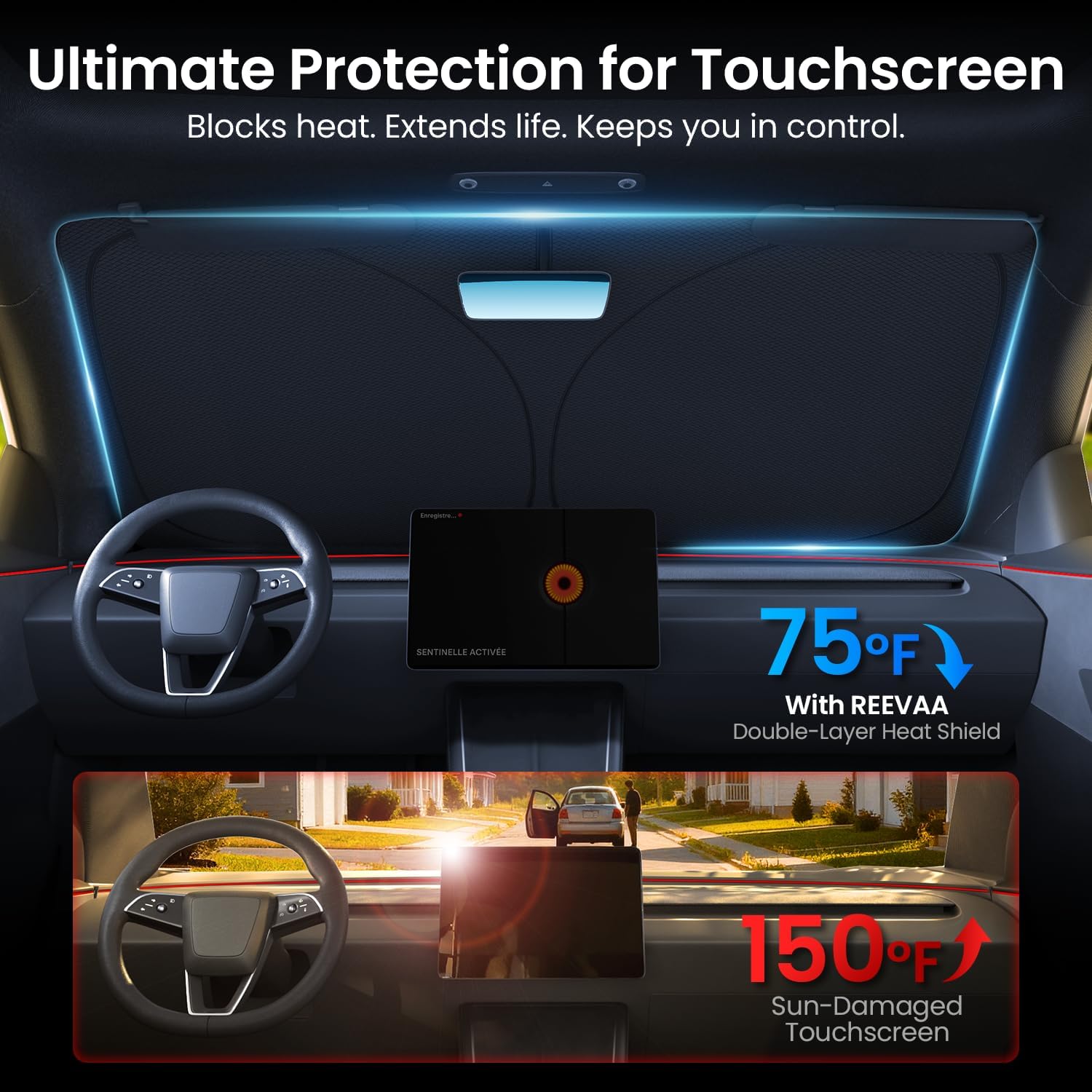 REEVAA 2026 3rd Pro Windshield Sun Shade for 2019-2026 Tesla Model Y (Juniper) | Dual-Layer Heat & Sun Defense, OEM Design | Foldable Sunshade Car Accessories with Storage Bag