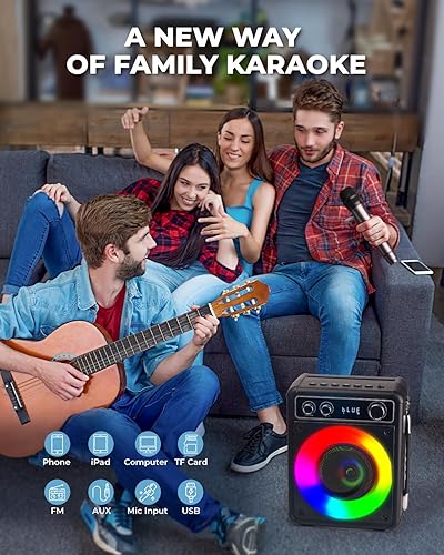 Miniatura 2 de Máquina de karaoke, altavoz portátil de karaoke Bluetooth con 2 micrófonos inalámbricos, sistema PA para adultos y niños con luces LED, compatible