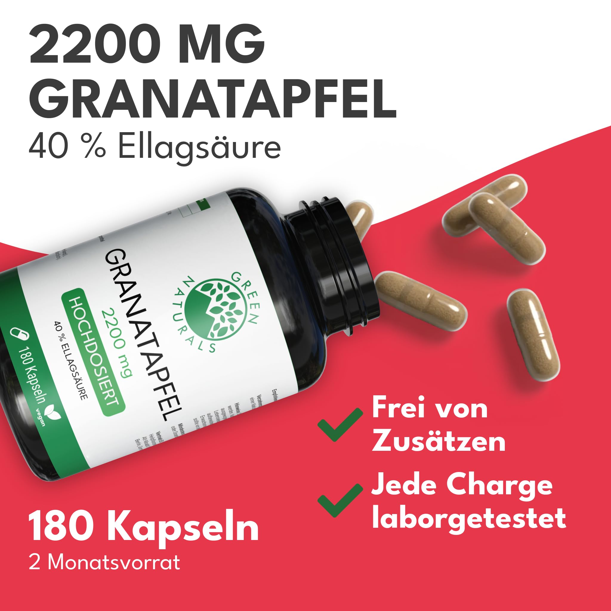 Green Naturals® Granatapfel Kapseln - Hochdosiert: 50:1 Extrakt (=110.000mg) je Tagesdosis mit 40% Ellagsäure - Polyphenole - Deutsche Herstellung - 100% Vegan & Ohne Zusätze - Vorrat für 2 Monate | 50:1 pro Tagesdosis · Entspricht 110.000 mg Granatapfel