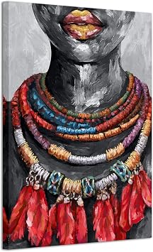 iHAPPYWALL Black Girl Canvas Wall Art African American Woman Picture Tribal Necklaces Painting Artwork for Bedroom Modern Home Decor Ready to Hang 24x36inch