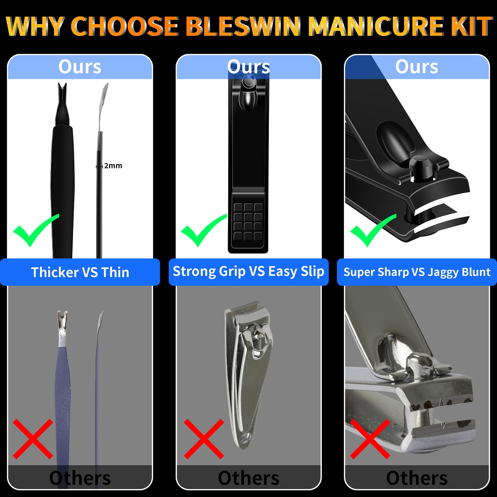 Set Manicure Kit Pedicure, 16 Pezzi Tagliaunghie in Acciaio Inox, Strumenti Professionali per la Cura delle Unghie Kit per la Cura delle Unghie con Custodia in Pelle da Viaggio per Uomini Donne Nero