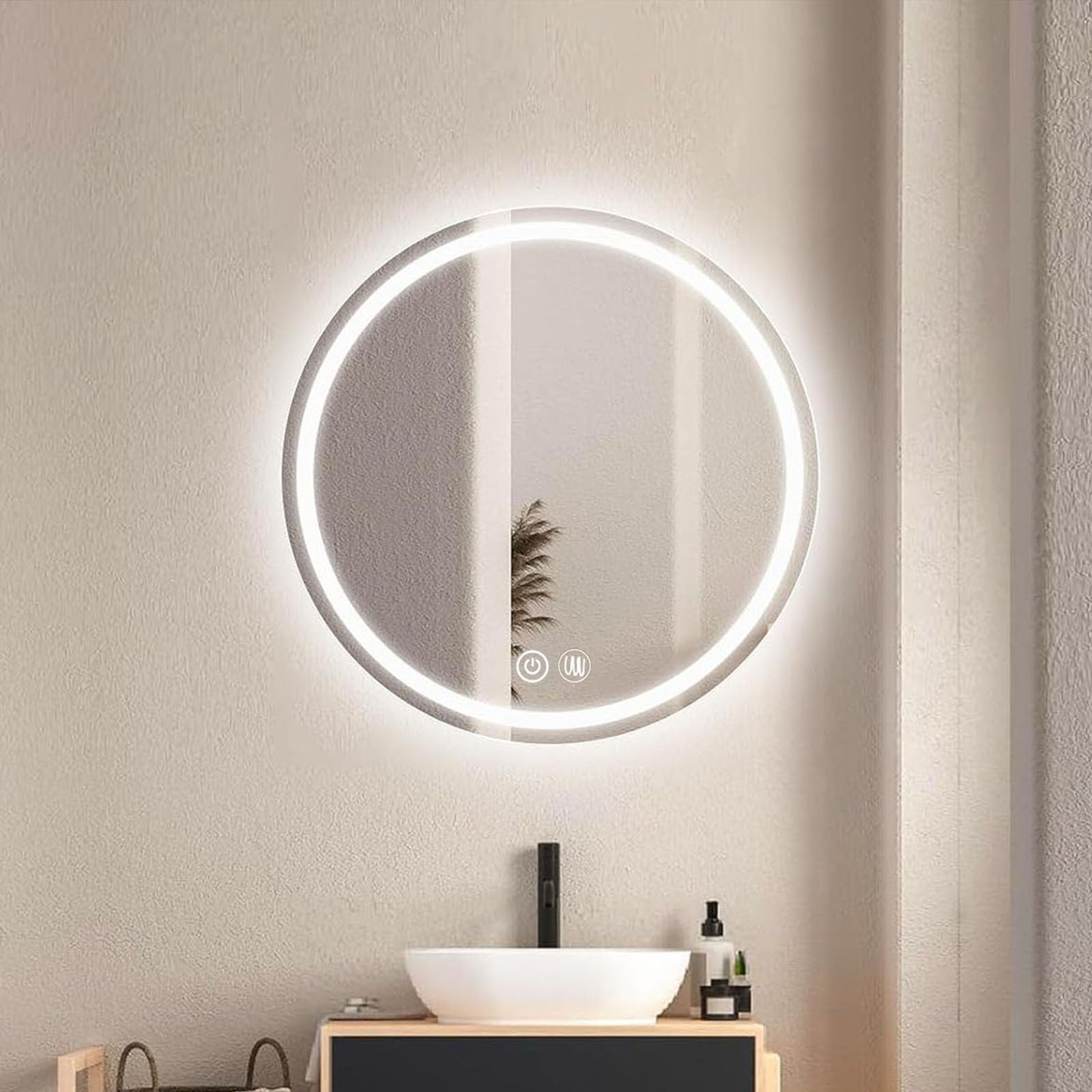 Espejo De baño Circular, 50cm Specchio Vanity Montato a Parete, Espejo Luminoso Circular sin Marco Adecuado para baño Tener Interruptor De Doble Toque, Eliminación De Niebla (Luz Blanca)