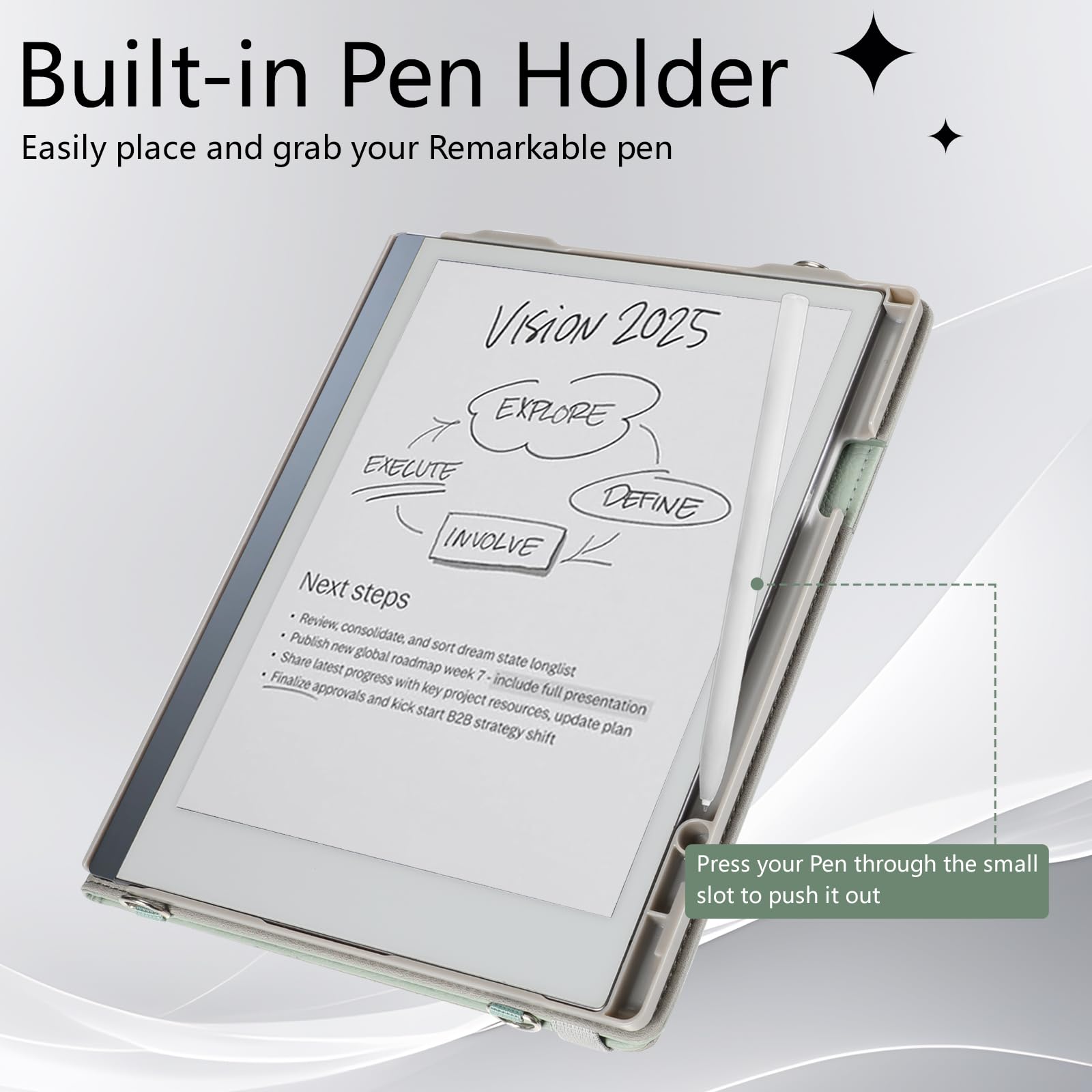 E NET-CASE Custodia per Remarkable Paper Pro da 30 cm (edizione 2024), in pelle PU di alta qualità con slot per carte e portapenne, funzione automatica sleep/wake, copertura per tracolla (verde chiaro
