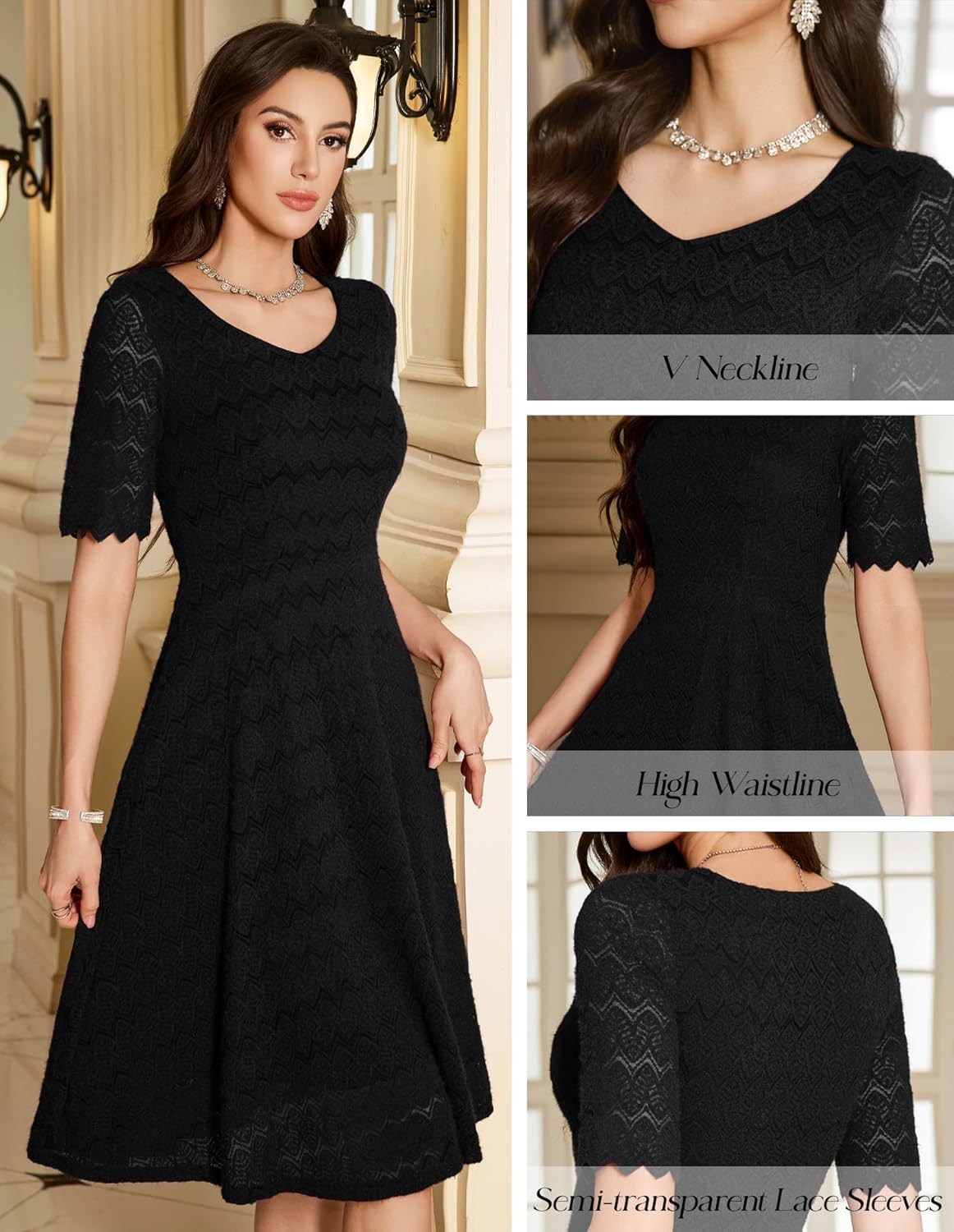 Dressystar Women's Short Sleeve Lace Wedding Guest Dress V Neck A Line Formal Cocktail Evening Party Dresses 2025 - Image 5