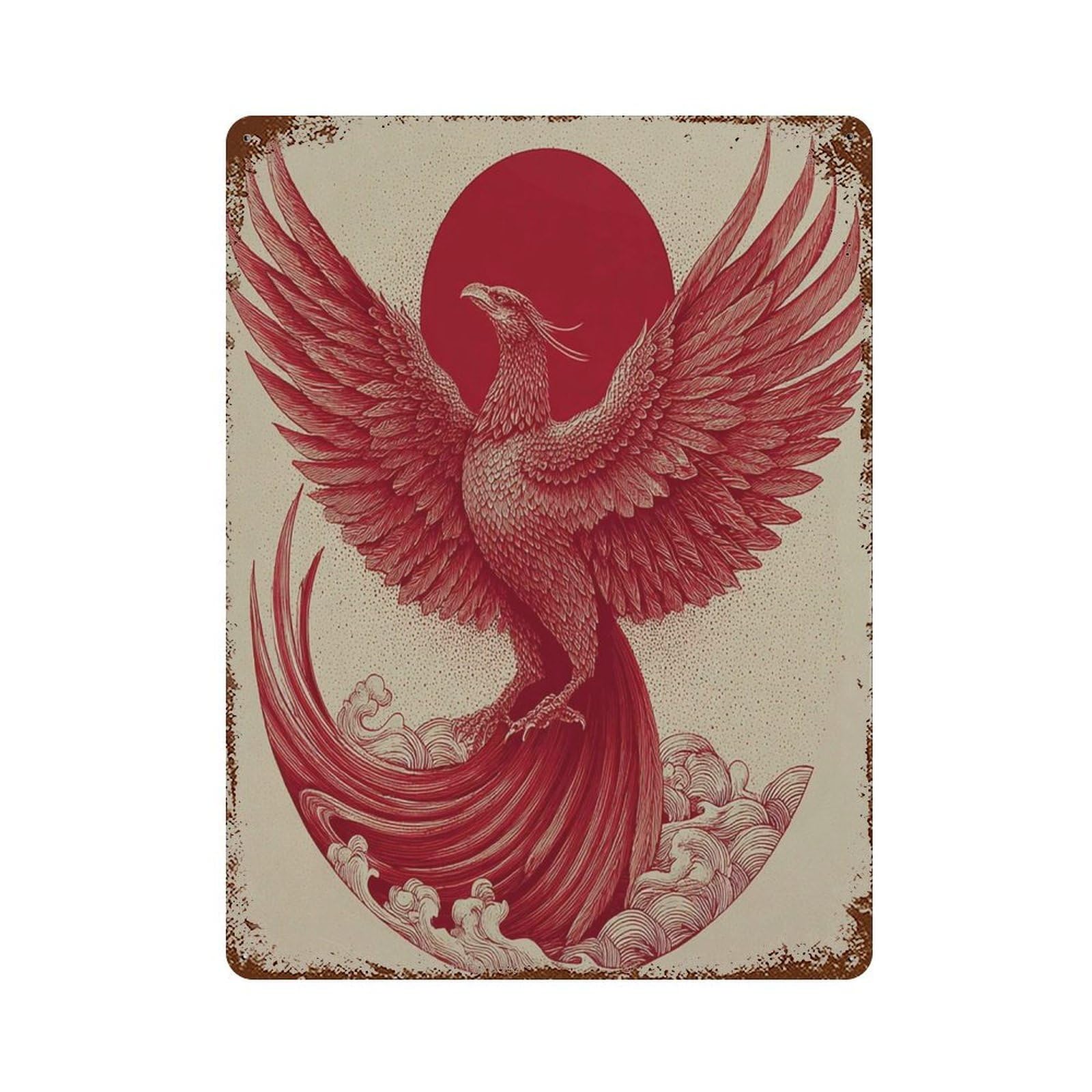 xiaoxiaoshen Red Phoenix Japanese Inspired Mythical Bird Rising Sun Modern Oriental And Fanta Wall Decor Art Metal Tin Poster Modern Home Decor Art Home Bar Shop Decorations Vintage Sign 40x30cm