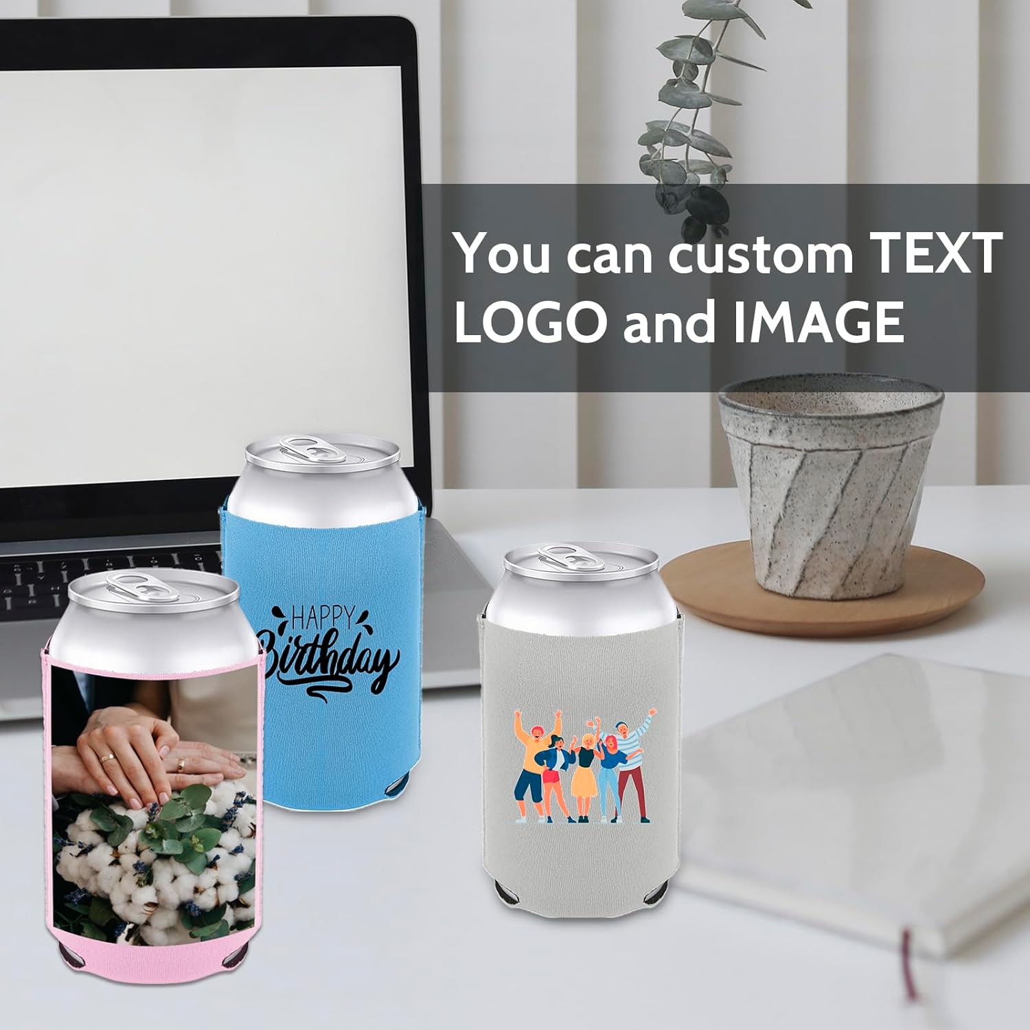 Aspire 50 Pack Personalized Neoprene Can Cooler Sleeves, Custom Insulated Bottle Holders Bulk, Wedding Party Supplies - Light Blue