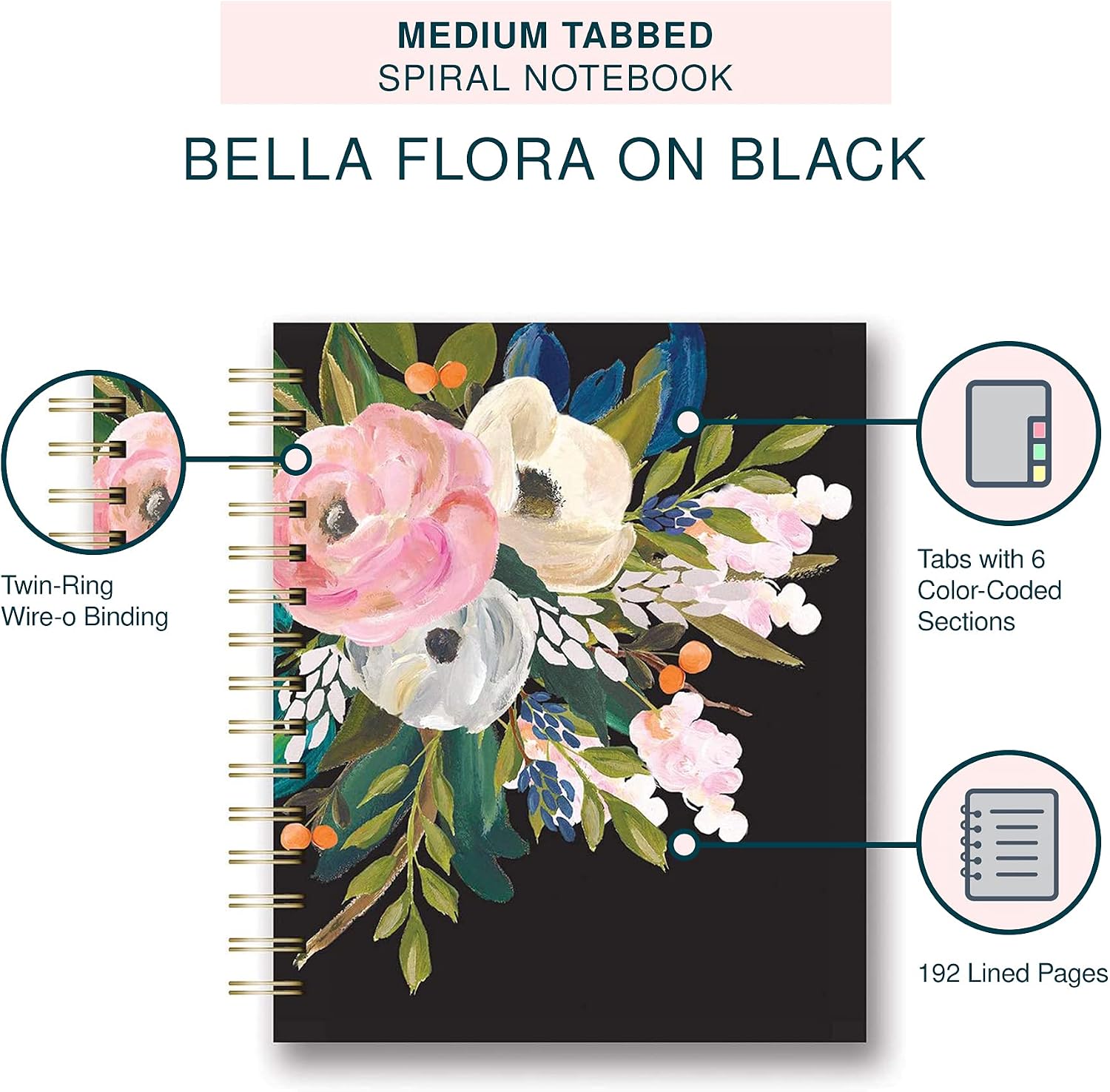 Medium Tabbed Spiral Notebook by Studio Oh! - Bella Flora on Black - 6.75” × 8.25” - 192 Lined Pages with Tabs & 6 Color-Coded Sections - Decorative Art Cover & Double-Sided Storage Pocket