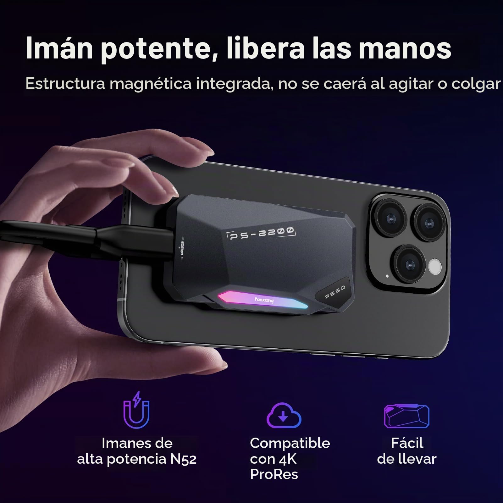 fanxiang 1TB SSD Externo Magnético 1TB Magnética SSD Portátil con Anillo Magnético, tipo 3.2 Gen 2x2 tipo C de 2050 MB/s Rec y Guarda ProRes 4K, Carcasa Aluminio con luz RGB para iPhone/Android/PC/Mac