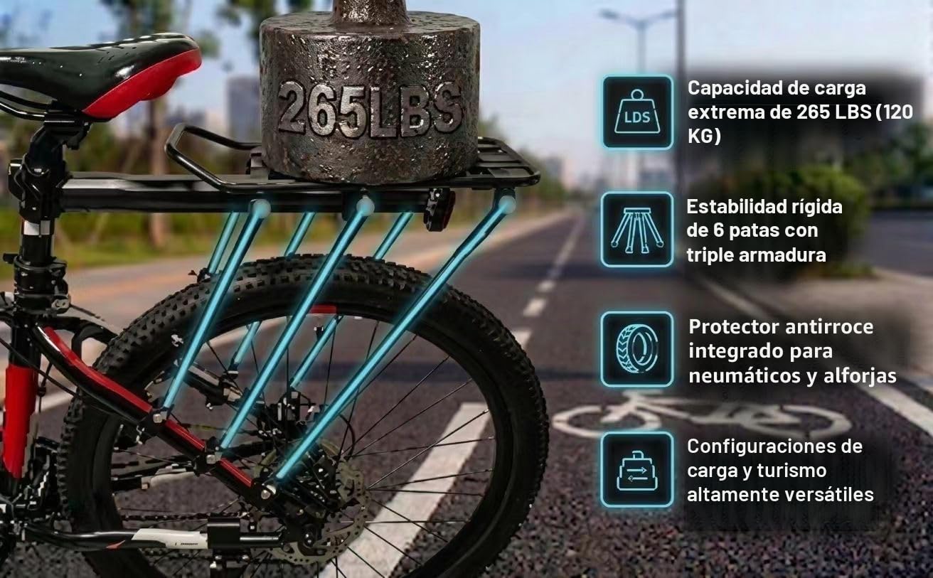 COMINGFIT Portabicicletas trasero para bicicleta, de liberación rápida, ajustable, de aleación, capacidad de 120 kg, apto para bicicletas de 24, 26, 27.5 y 29 pulgadas