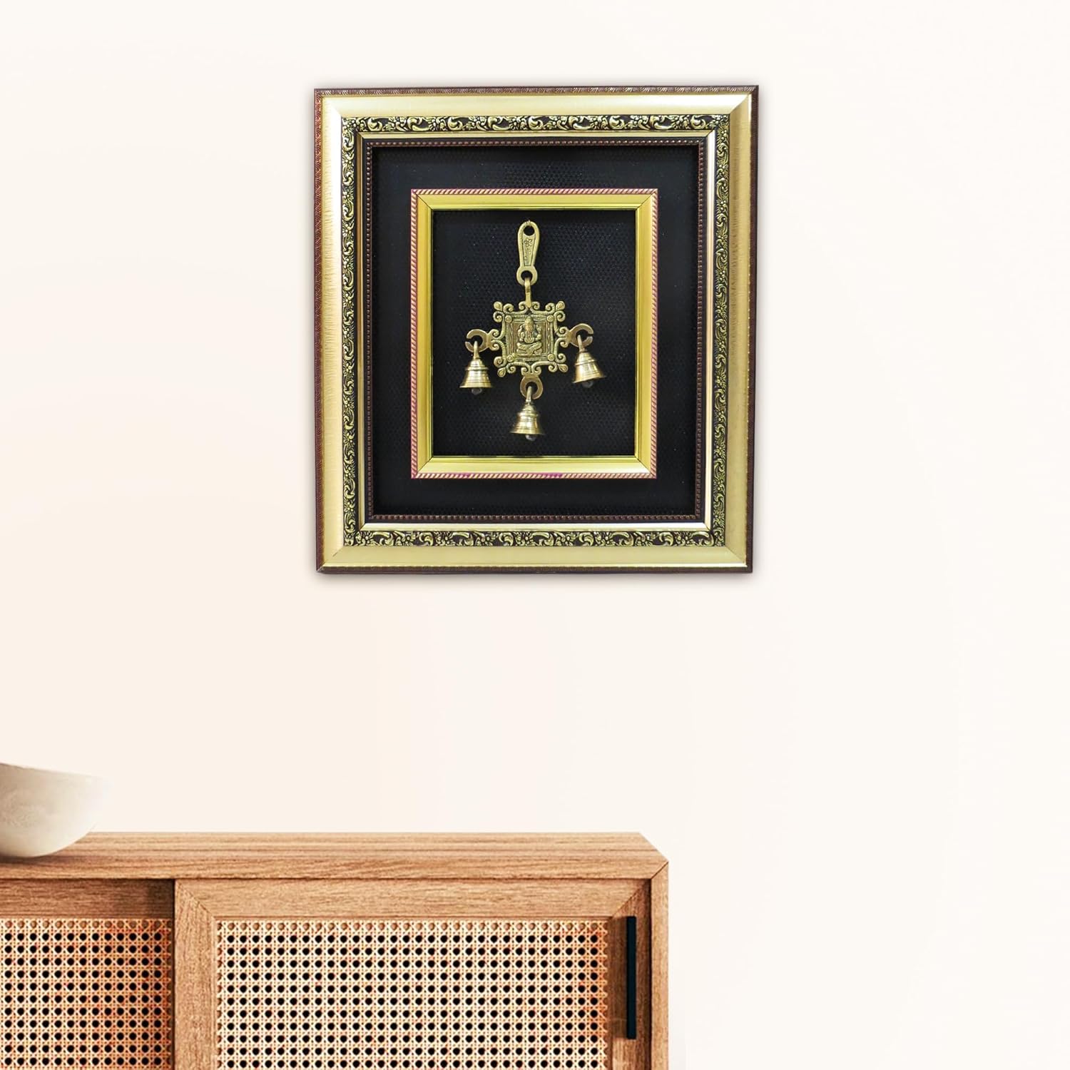 Brass Ganesha Design Hanging Bells Photo Frame | Wall Hanging Decorative Showpiece | Spiritual Home Decor Fibre Frame