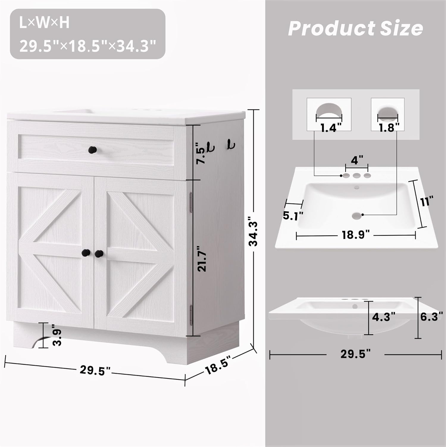 ANCTOR 30 Inch Bathroom Vanity with Integrated Ceramic Sink, Farmhouse Single Sink Bathroom Vanity, Tip-Out Drawer & Adjustable Shelf (White)