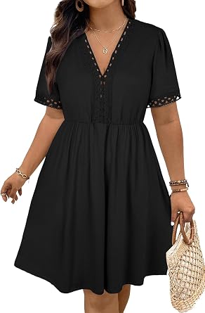 Eytino Womens Plus Size Dresses Short Sleeve Lace V Neck Hollow Out A Line Mini Dress 2026 Summer Outfit1X-5X