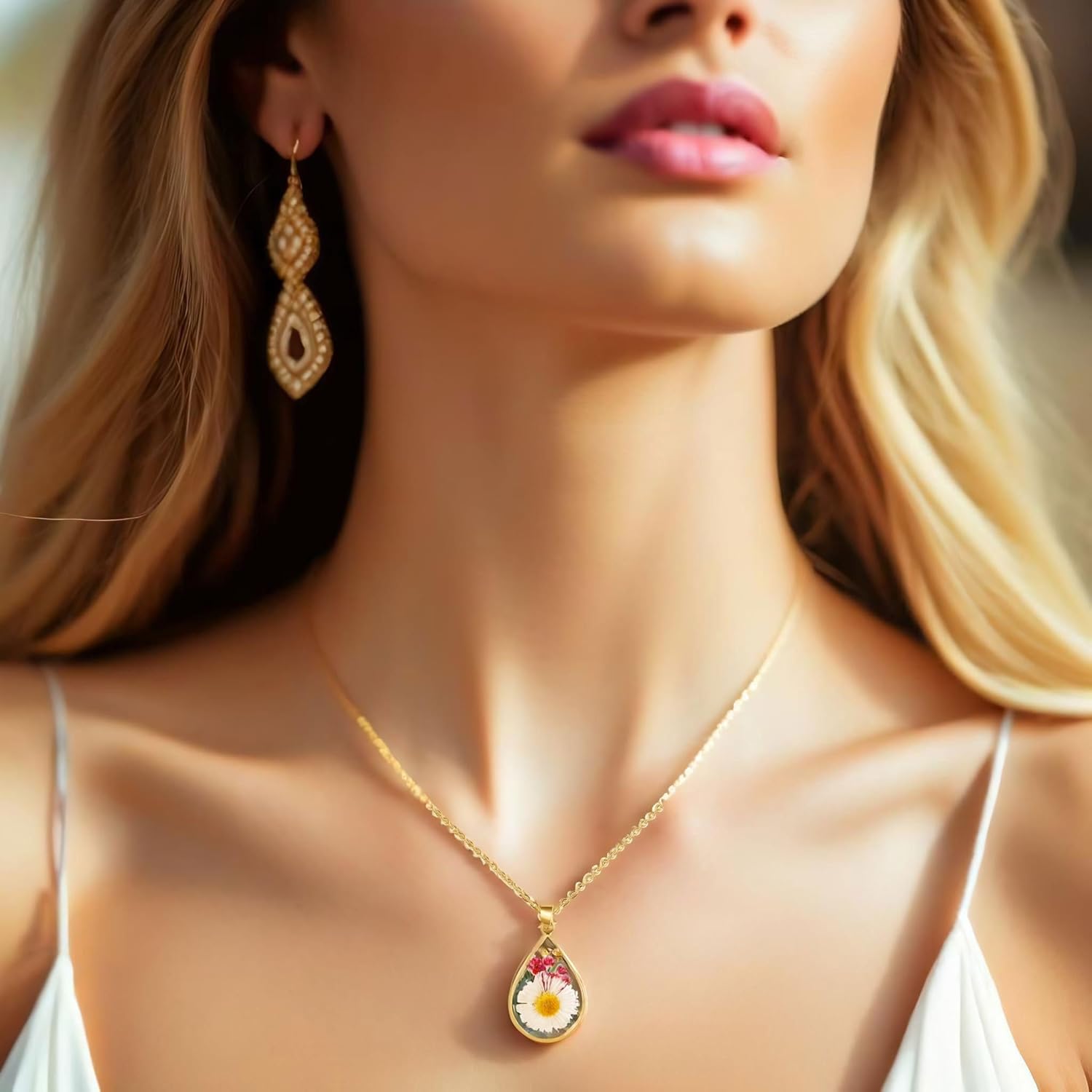 18K Gold Plated Birth Flower Pendant Necklace Pressed Flower Resin Jewelry Botanical Nature Inspired Boho Gold Jewelry Teardrop Pendant Christmas Gift Birthday