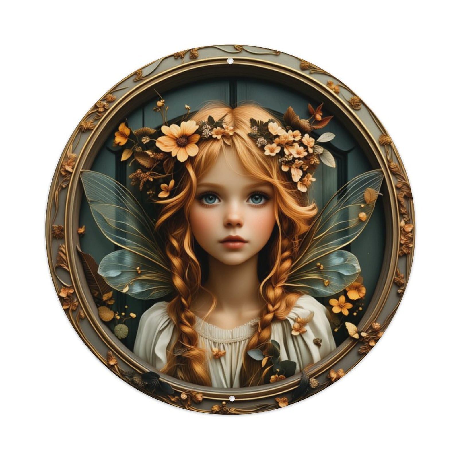 Fairy Floral Crown Wings Portrait Round Tin Sign Retro Metal Sign for Cafe Bar Pub Home Game Room Gym Club Wall Decoration Vintage Metal Poster 8x8 Inch