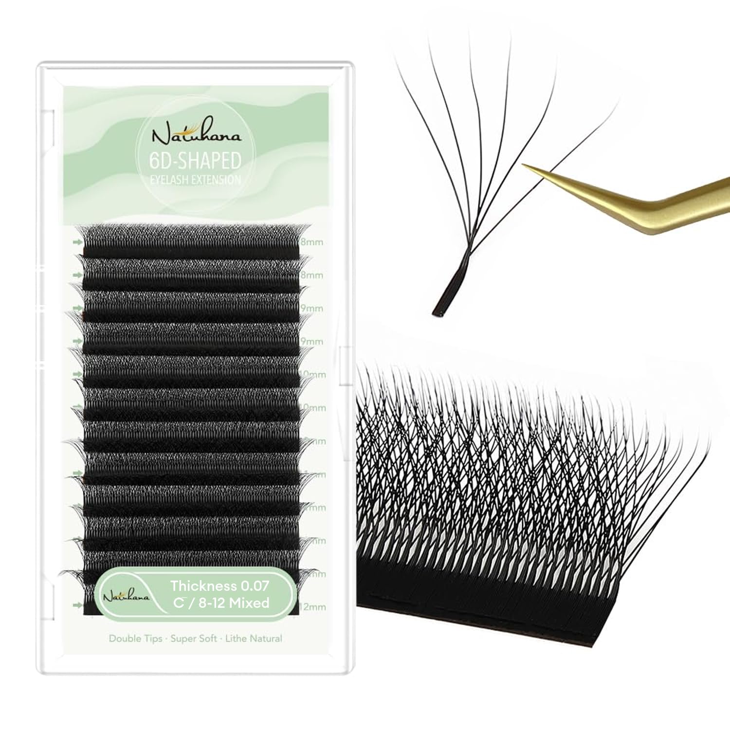 Clover 6D Extensiones de Pestañas Pelo a Pelo 0.07mm C Rizado 8-12mm Volumen Ruso Negro Profesional