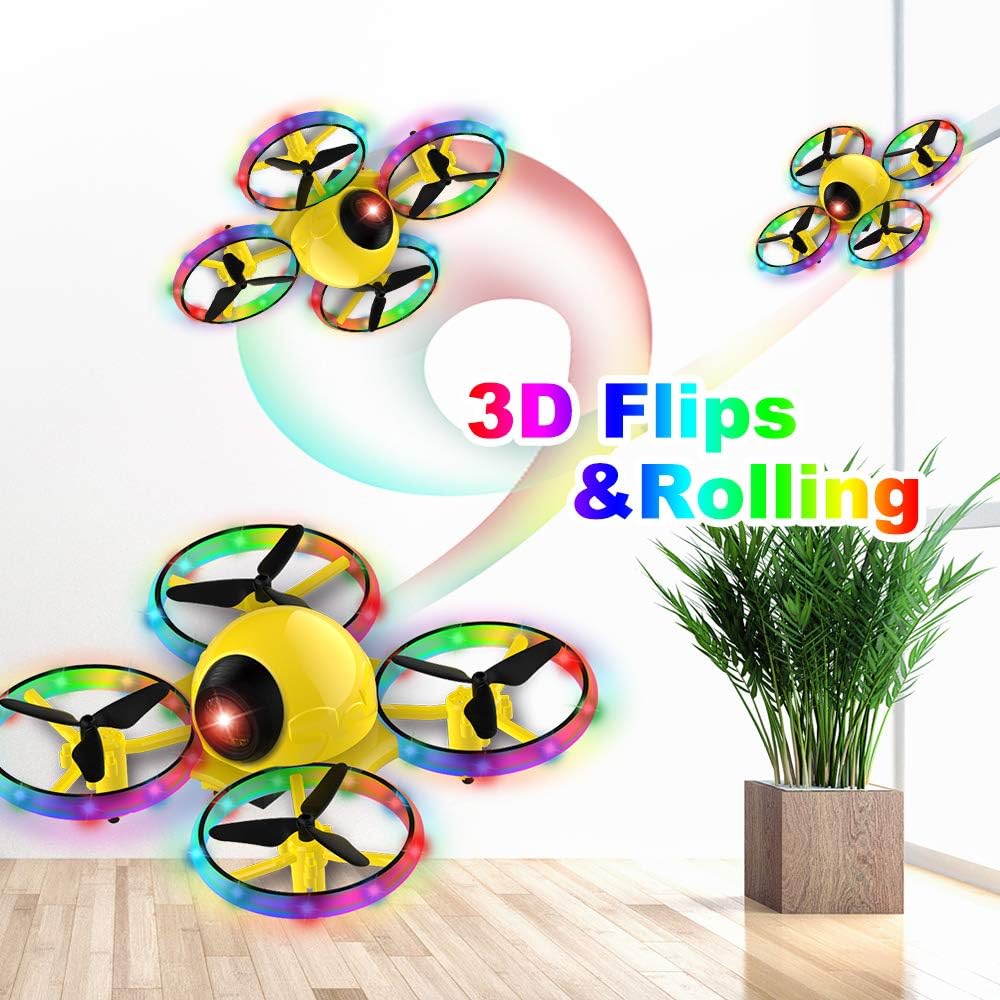 Dwi Dowellin 6.3 Inch 10 Minutes Long Flight Time Mini Drone for Kids with Blinking Light One Key Take Off Spin RC Nano Quadcopter Toys Drones for Beginners Boys Girls 2 Batteries, Yellow