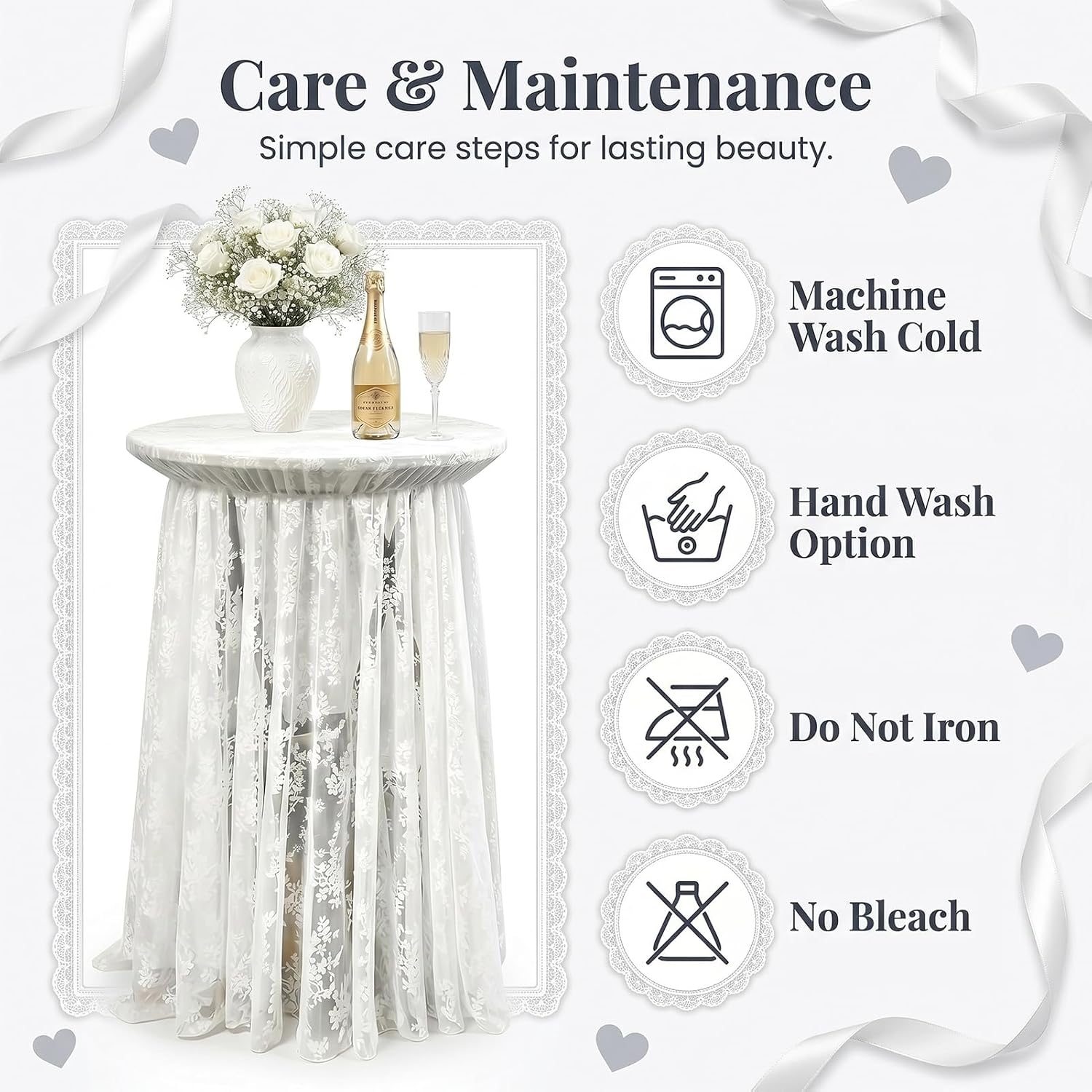 2-Pack White Lace Fabric Cocktail Table Covers, Gray Stretch High Top Highboy Tablecloths with Ruffle Skirt, Wrinkle-Resistant, for Wedding Fashion Banquet Home Party Tables (32" Dia x 43" H)