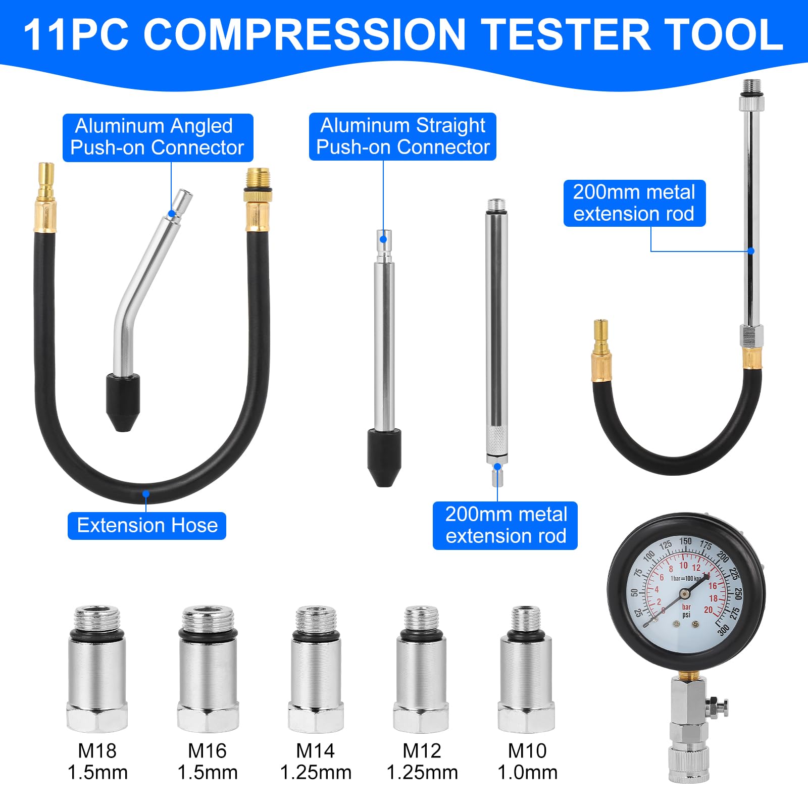 SWAWIS 11 Pezzi Tester di Compressione per Motori a Benzina 0-300 PSI / 0-20 BAR Misuratore di Pressione Cilindri Auto, Strumento Cilindro Compressione Tester Kit