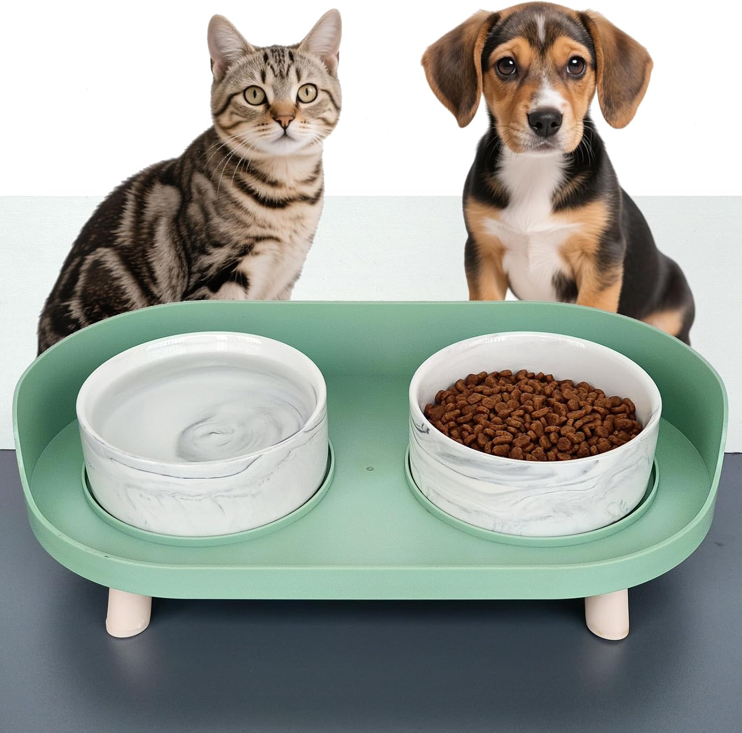 Raised Ceramic Cat Bowls for Food and Water with Stand, Cute Elevated Small Puppy Dish, Double Pet Feeder Set for Feeding, Anti Vomiting Weighted No Tip Over Spill Proof, Size for Cat & Kitten