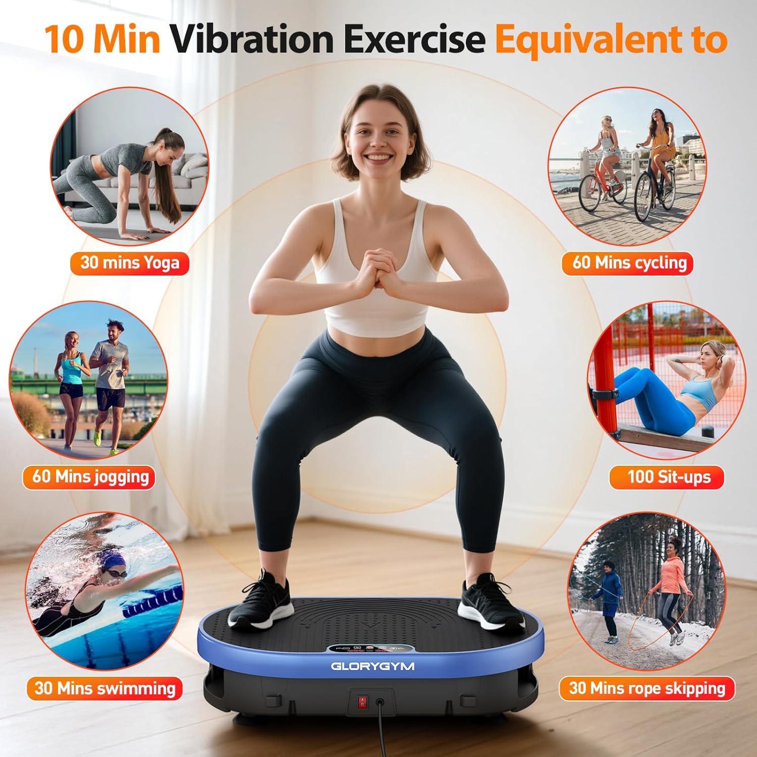 Glorygym Vibration Plate Exercise Machine, Whole Body Vibrate Platform for Weight Loss Fat Burning, 9 Speed Levels, Remote Control, Compact Home Gym Equipment for Women Men Blue