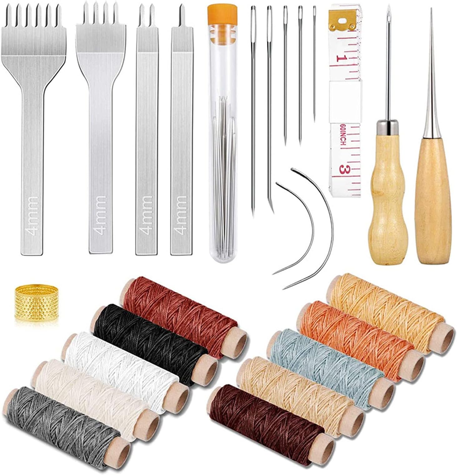 Benkeg 37Pcs Leather Waxed Thread Craft Tool DIY Sewing Accessories Leather Hand Sewing Needles Awl Sewing Thimble Tape Measure for Leather Carpet Canvas DIY Sewing