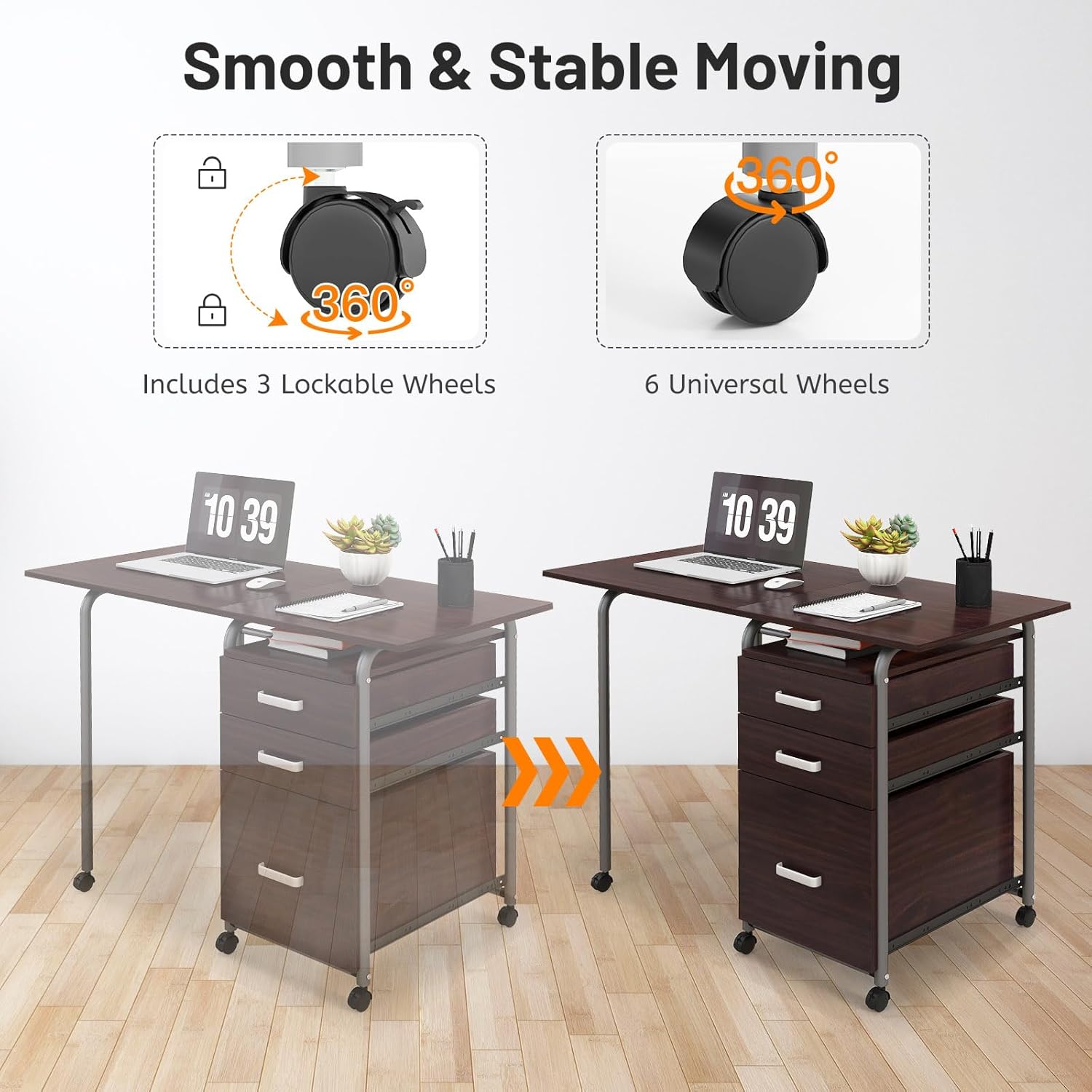 Giantex Folding Desk for Small Space, Rolling Home Office Desk with 3 Drawers & Lockable Universal Wheels, Mobile Study Writing Desk for Dorm Apartment Bedroom, Brown