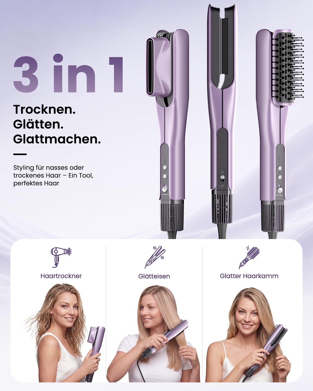 HITTIONA Air Haarglätter Föhn 3 in 1, Nass-zu-Trocken Glätteisen | mit Föhndüse & Volumenbürste, schnelles Trocknen, Glätten & Volumenstyling, 4 Temperaturmodi, Booster-Modus für Dickes Haar