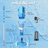 Vista 9 de Aspiradora de piscina inalámbrica con poste telescópico, succión potente de 26.5 galones/min, limpiador de piscina recargable de mano con 1 hora