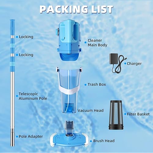 Miniatura 9 de Aspiradora de piscina inalámbrica con poste telescópico, succión potente de 26.5 galones/min, limpiador de piscina recargable de mano con 1 hora