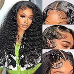 FIRIEYA Deep Wave Lace Front Wigs Human Hair Wigs for Black Women 180% Density 4X4 HD Transparent Lace Closure Human Hair Wigs for Black Women Glueless Natural Color(22 Inch)