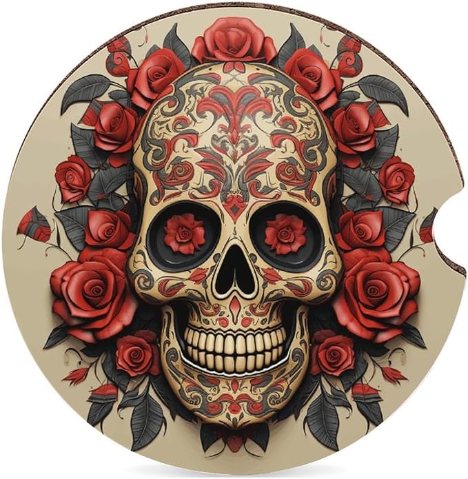 Car Cup Coaster 1PCS Car Cup Holder Coaster Red Rose Sugar Skull Car Coaster Non-Slip Cup Holder Coasters with A Finger Notch Interior Decoration Shockproof Drink Mat for Most Vehicle