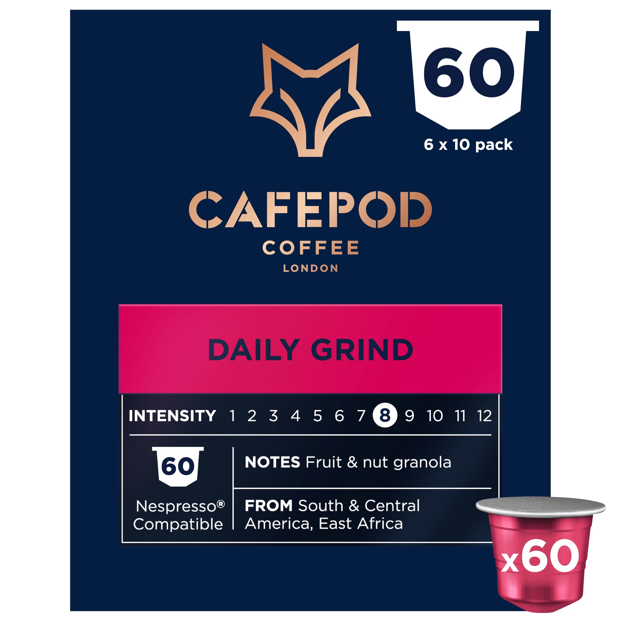 Lungo Coffee Pods - Compatible with Nespresso Coffee Machine, Intensity 8 with Notes of Toasted Nuts and Subtle Fruity Sweetness - Rainforest Alliance Sourced - Daily Grind 60 Capsules